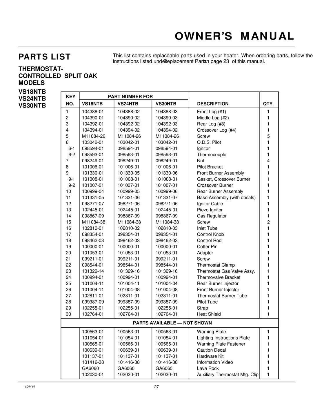 Desa CFS24NVC VS30N, B, C installation manual THERMOSTAT- Controlled Split OAK Models, VS18NTB VS24NTB VS30NTB 