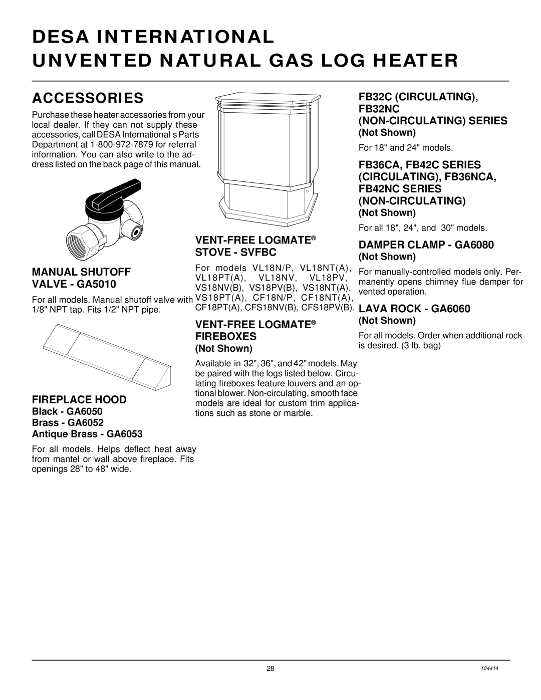 Desa B, C, CFS24NVC VS30N installation manual Accessories 