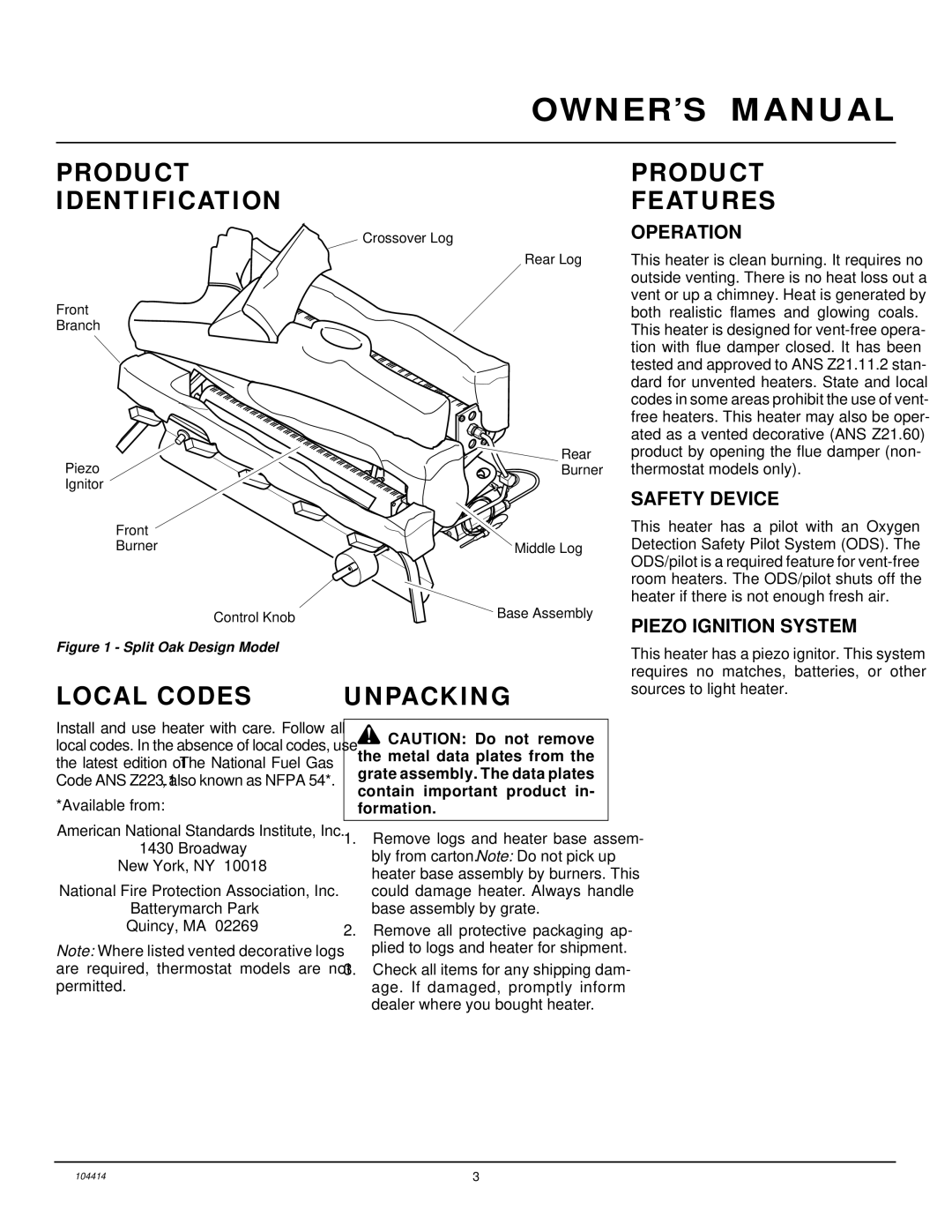 Desa CFS24NVC VS30N, B, C installation manual Product Identification, Local Codes, Unpacking, Product Features 