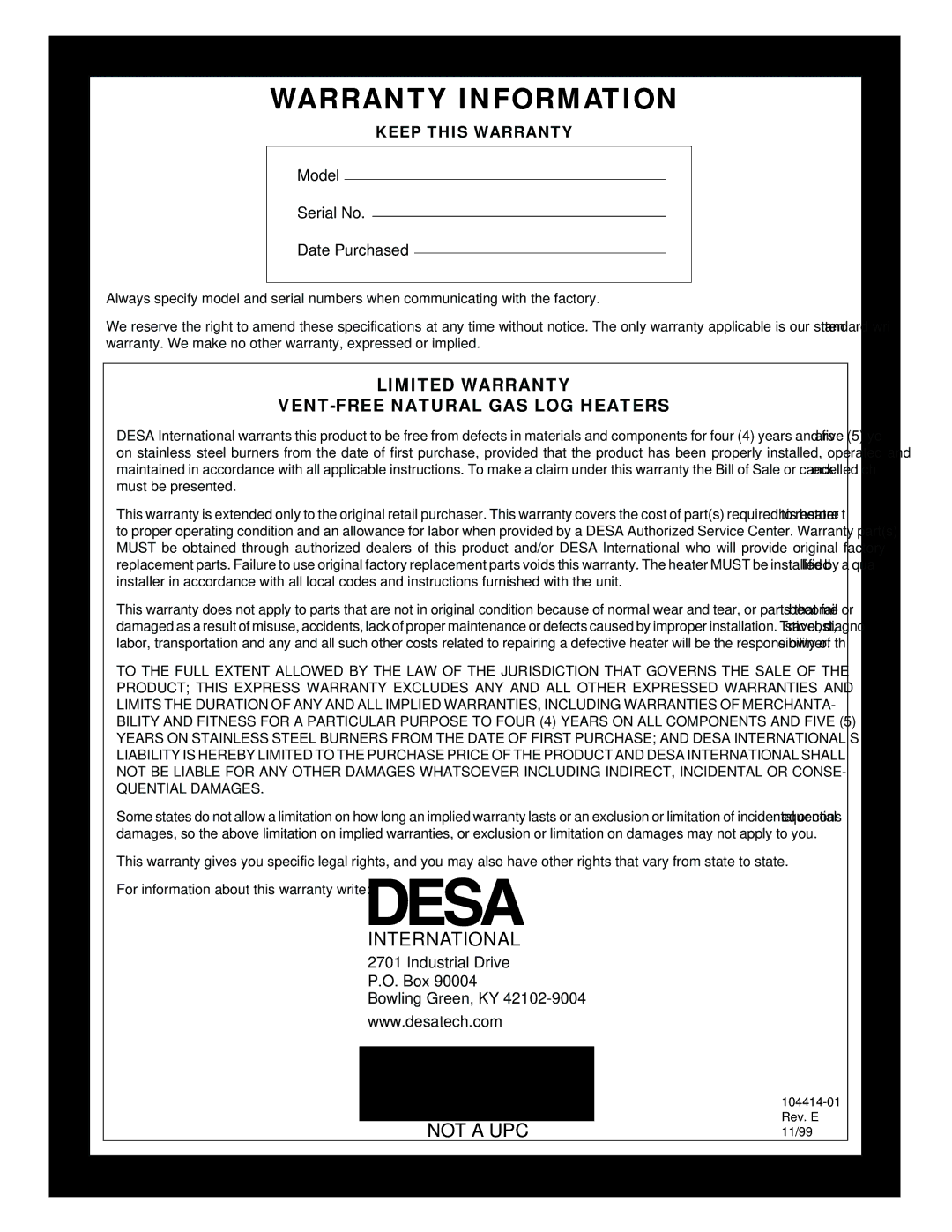 Desa B, C, CFS24NVC VS30N installation manual Warranty Information, International 