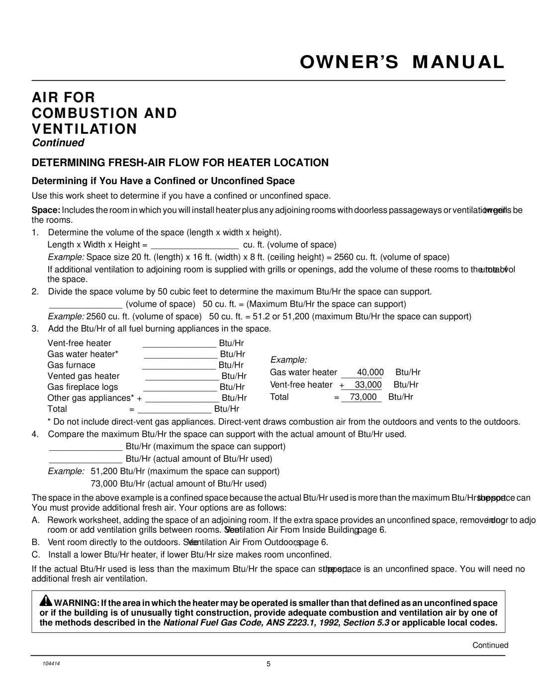 Desa CFS24NVC VS30N, B, C installation manual AIR for Combustion Ventilation, Determining FRESH-AIR Flow for Heater Location 