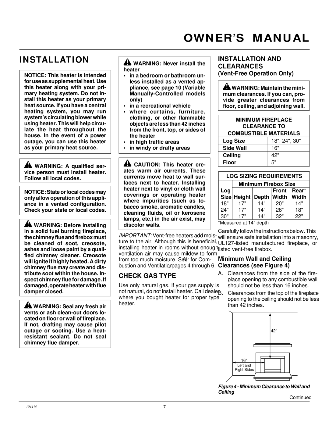 Desa CFS24NVC VS30N, B, C installation manual Check GAS Type, Installation Clearances, Vent-Free Operation Only 