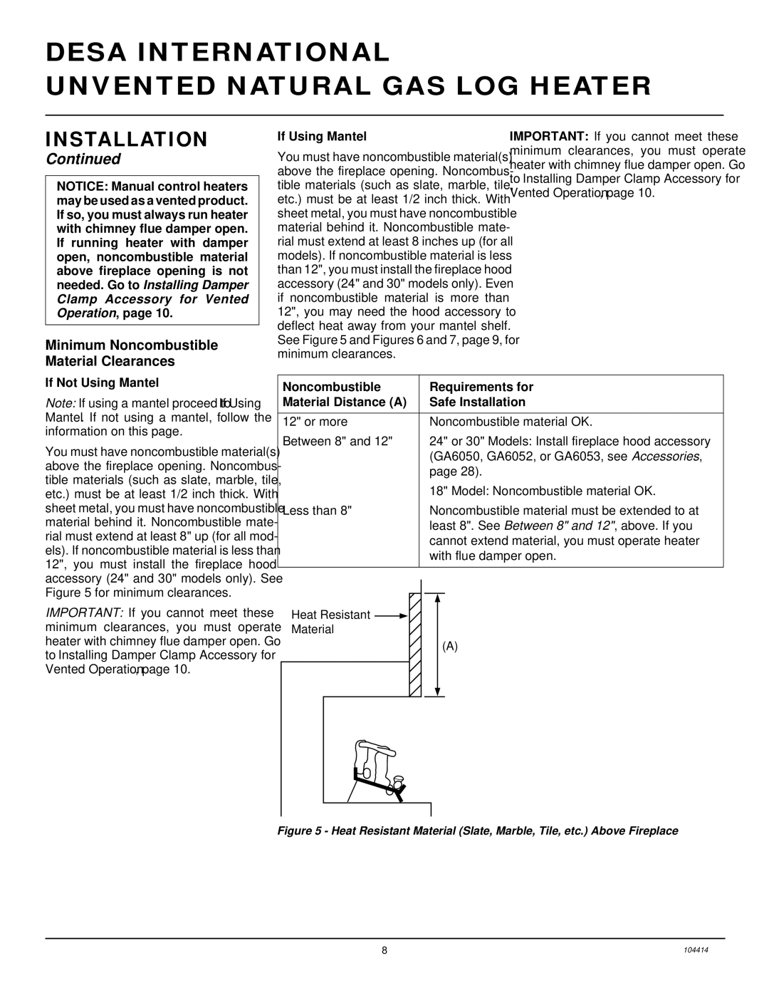 Desa B, C, CFS24NVC VS30N installation manual Minimum Noncombustible Material Clearances, If Using Mantel 