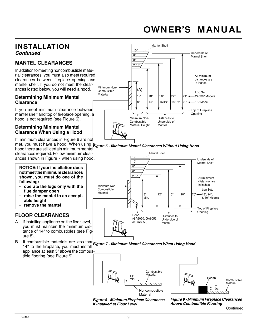 Desa CFS24NVC VS30N, B, C installation manual Mantel Clearances, Floor Clearances, Determining Minimum Mantel Clearance 