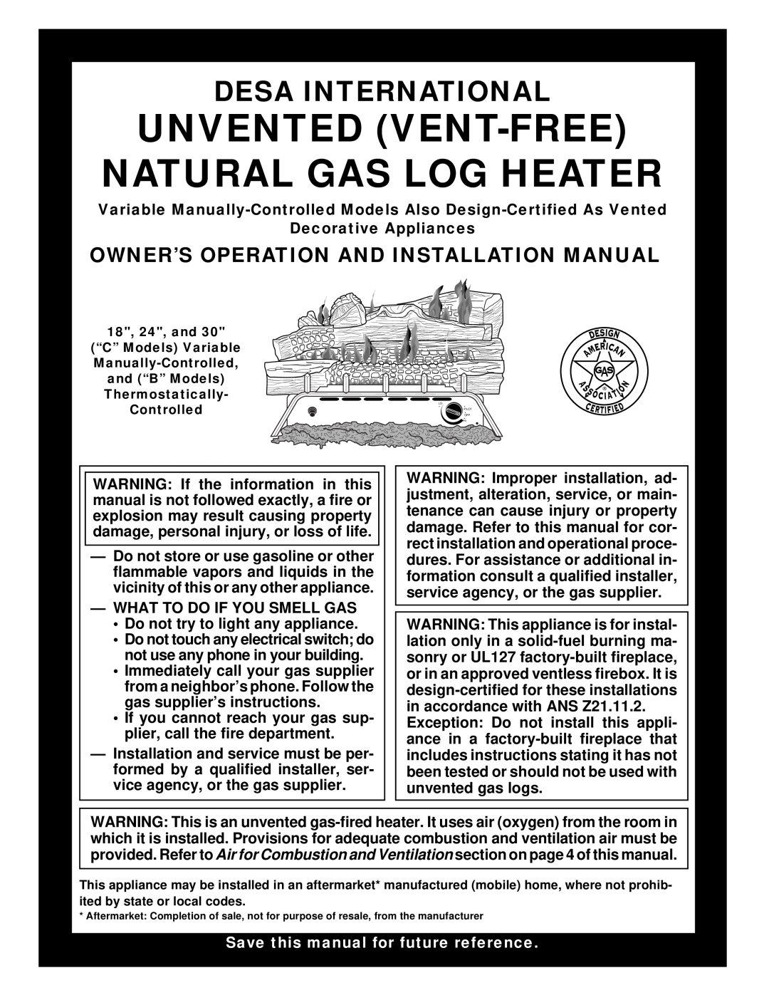 Desa CFS24NVC VS30N, B, C installation manual Decorative Appliances, What To Do If You Smell Gas, Desa International 
