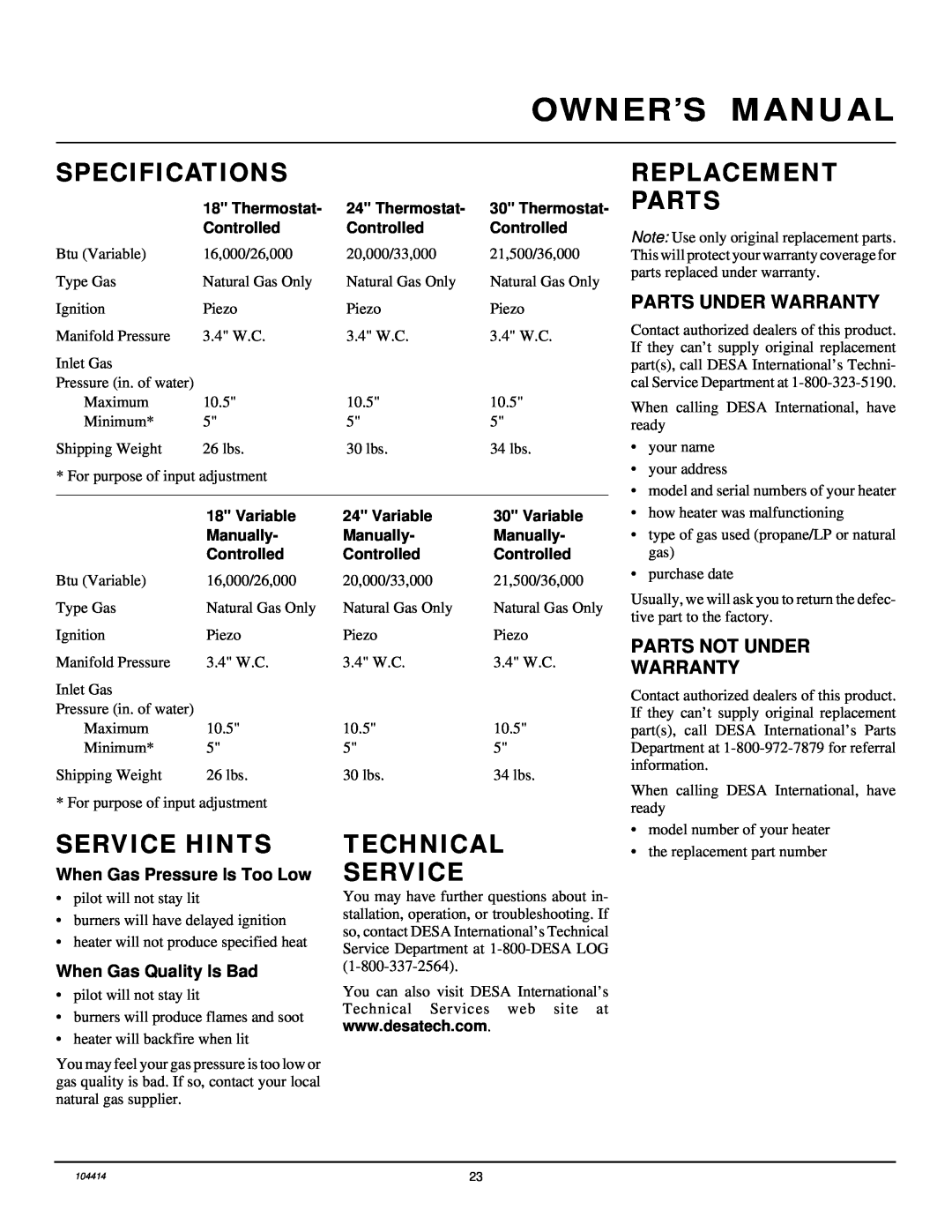 Desa CFS24NVC VS30N, B, C Specifications, Replacement Parts, Service Hints, Technical Service, Parts Under Warranty 