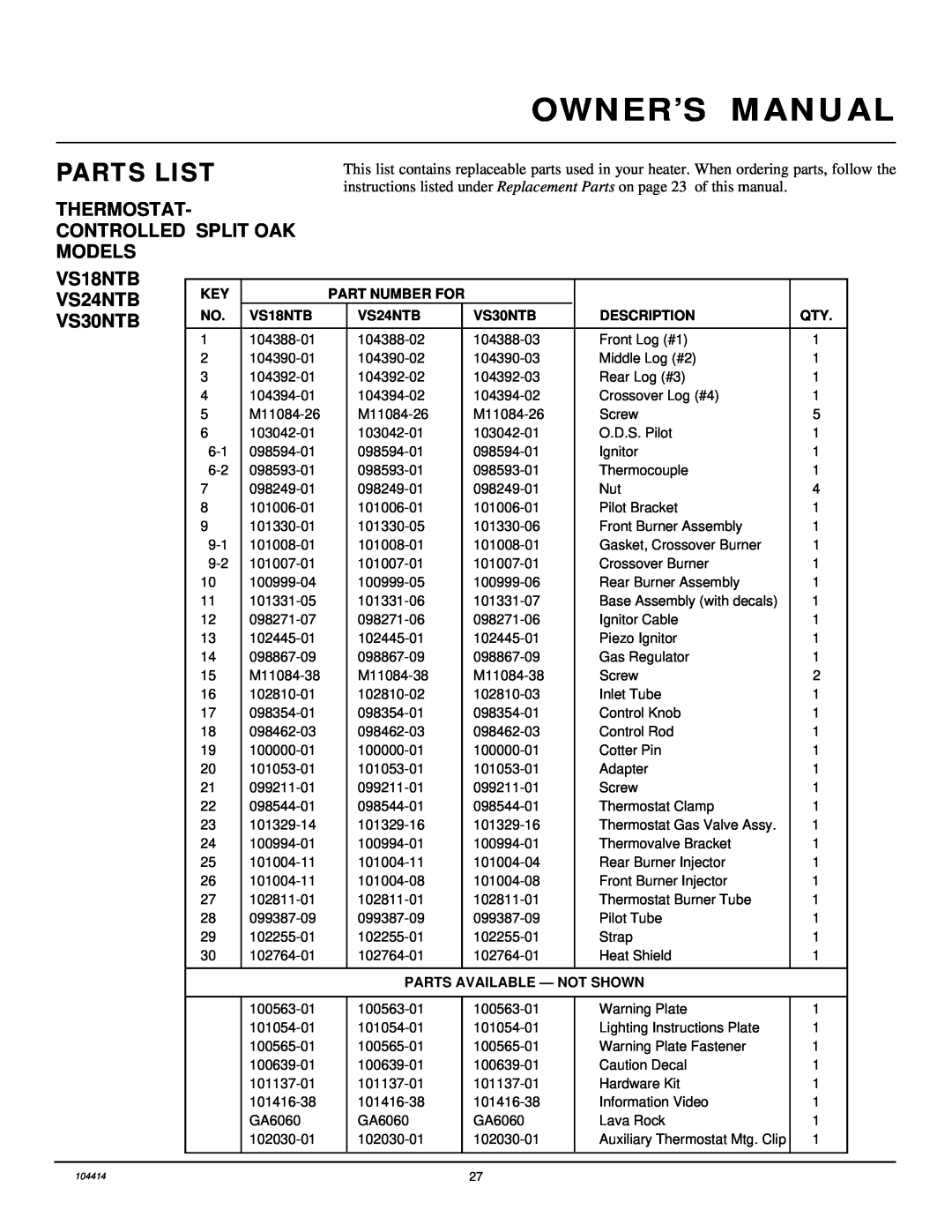 Desa CFS24NVC VS30N, B, C Thermostat- Controlled Split Oak Models, VS18NTB VS24NTB VS30NTB, Parts List, Part Number For 