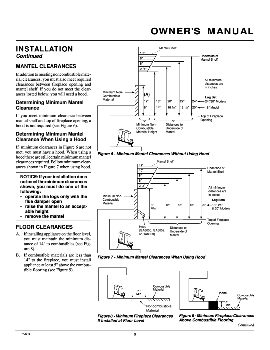 Desa CFS24NVC VS30N, B, C installation manual Mantel Clearances, Floor Clearances, Installation, Continued 