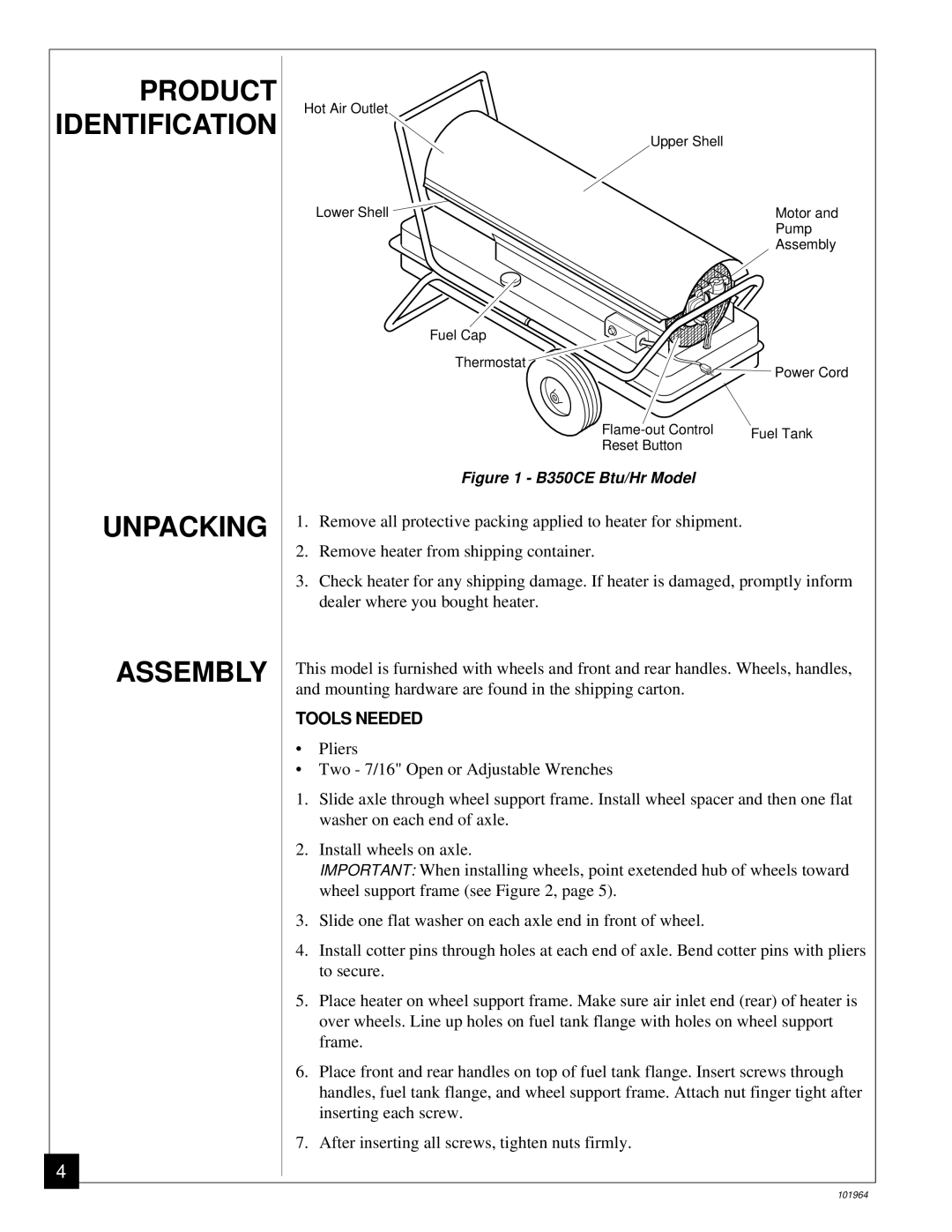 Desa B350CE owner manual Unpacking Assembly, Tools Needed 