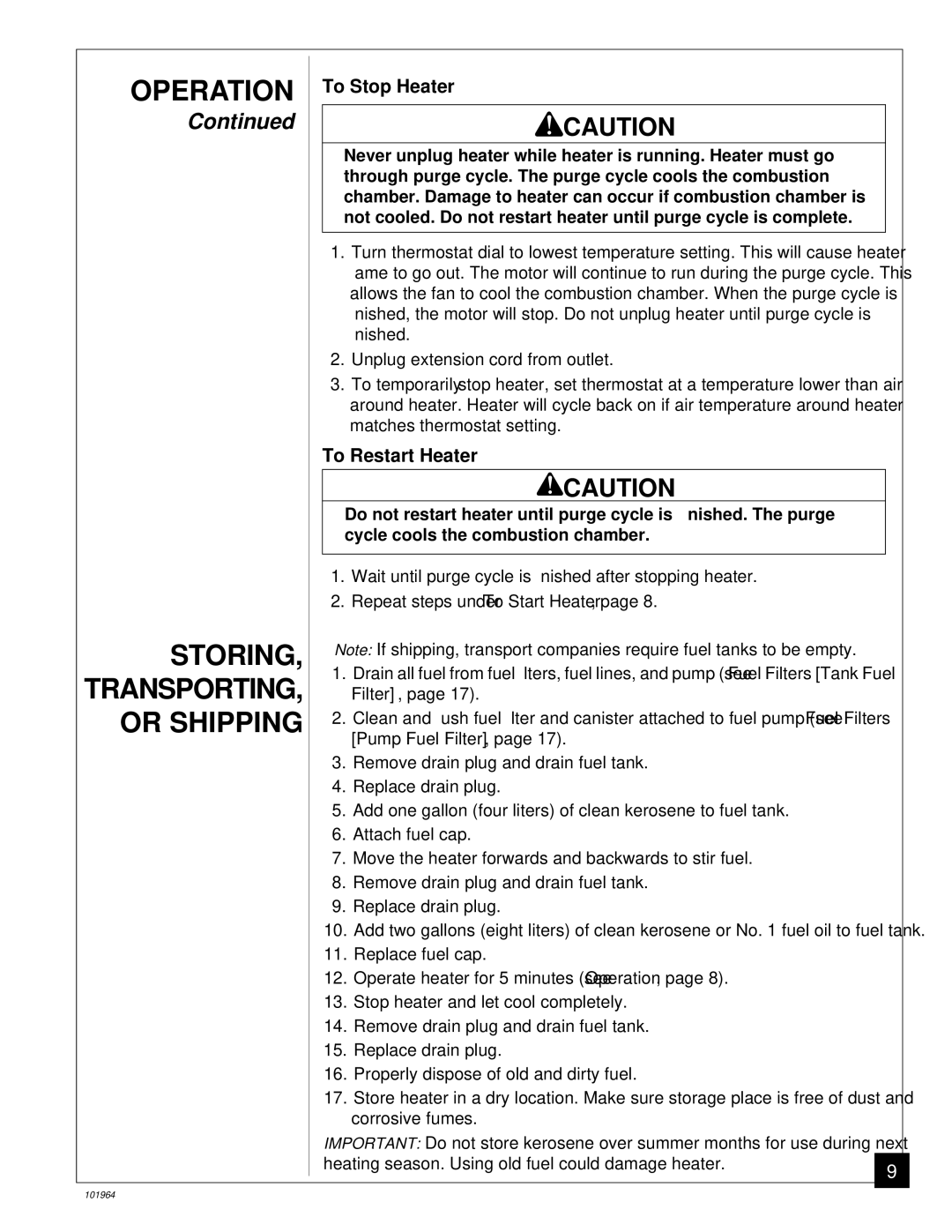 Desa B350CE owner manual Operation Storing, To Stop Heater, To Restart Heater 