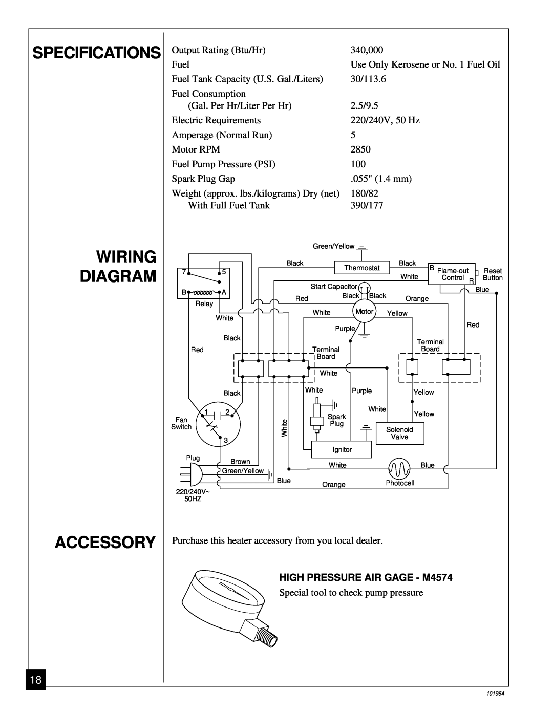 Desa B350CE owner manual Specifications Wiring Diagram Accessory, HIGH PRESSURE AIR GAGE - M4574 