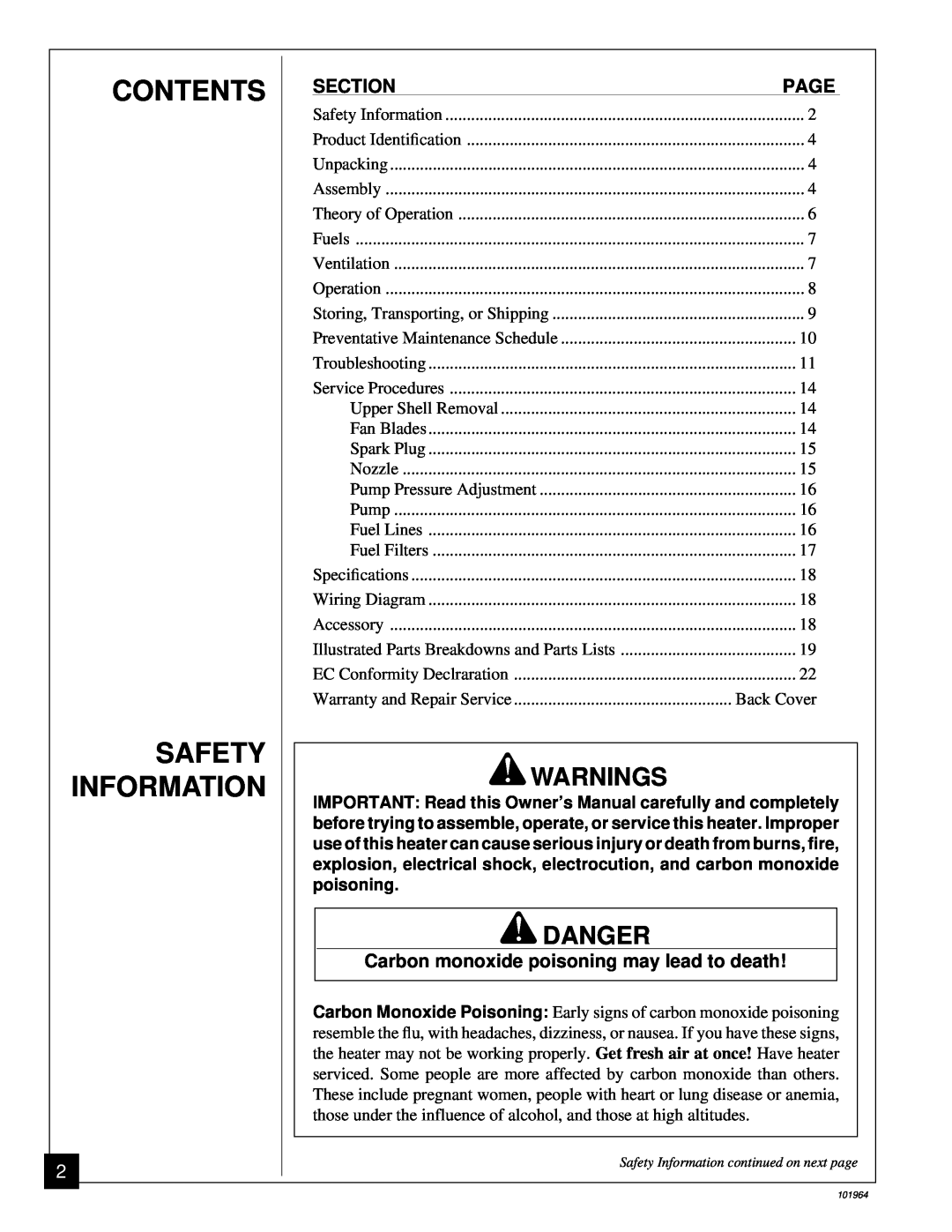 Desa B350CE Contents Safety Information, Warnings, Danger, Section, Page, Carbon monoxide poisoning may lead to death 