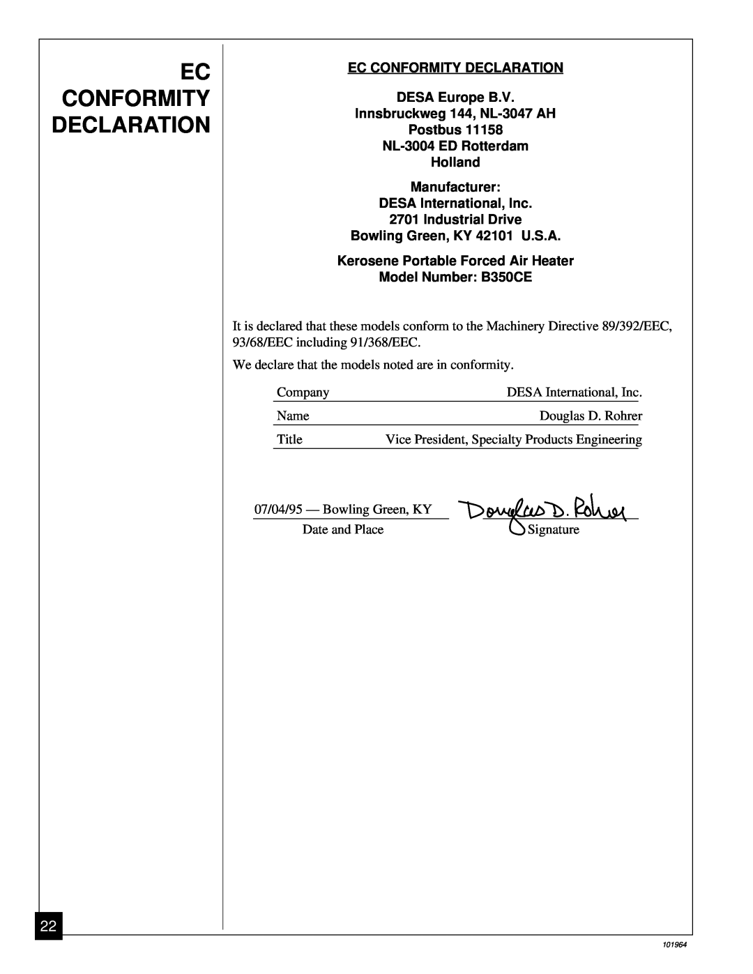 Desa B350CE Ec Conformity Declaration, EC CONFORMITY DECLARATION DESA Europe B.V, Innsbruckweg 144, NL-3047AH Postbus 