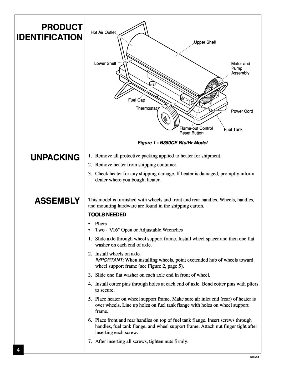 Desa B350CE owner manual Unpacking Assembly, Product Identification, Tools Needed 