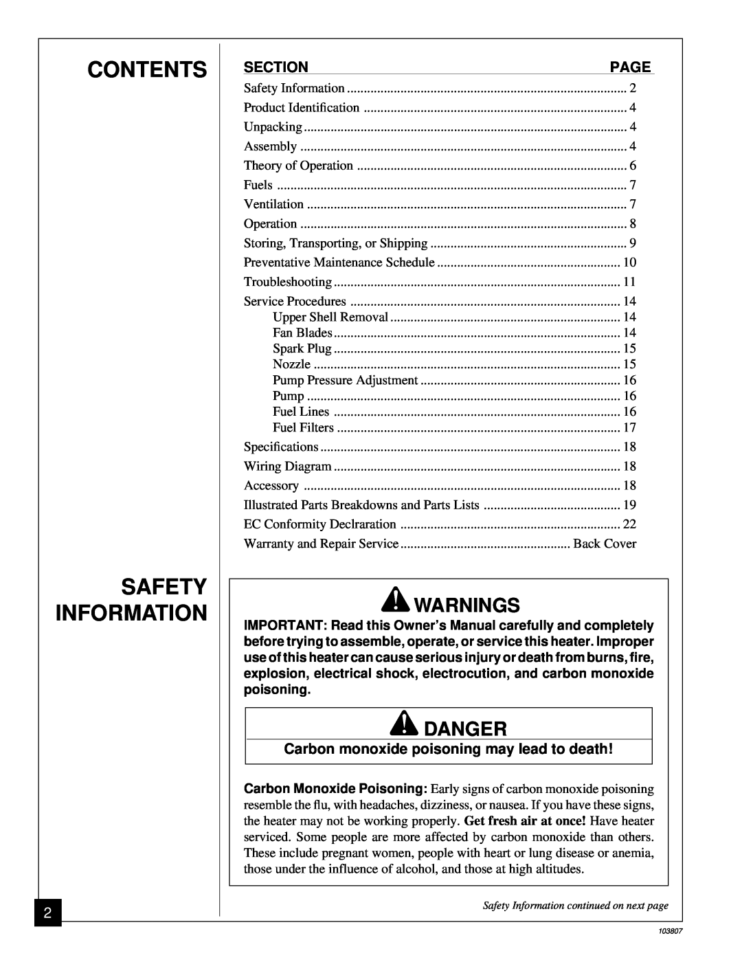 Desa B350CEA Contents Safety Information, Warnings, Danger, Section, Page, Carbon monoxide poisoning may lead to death 