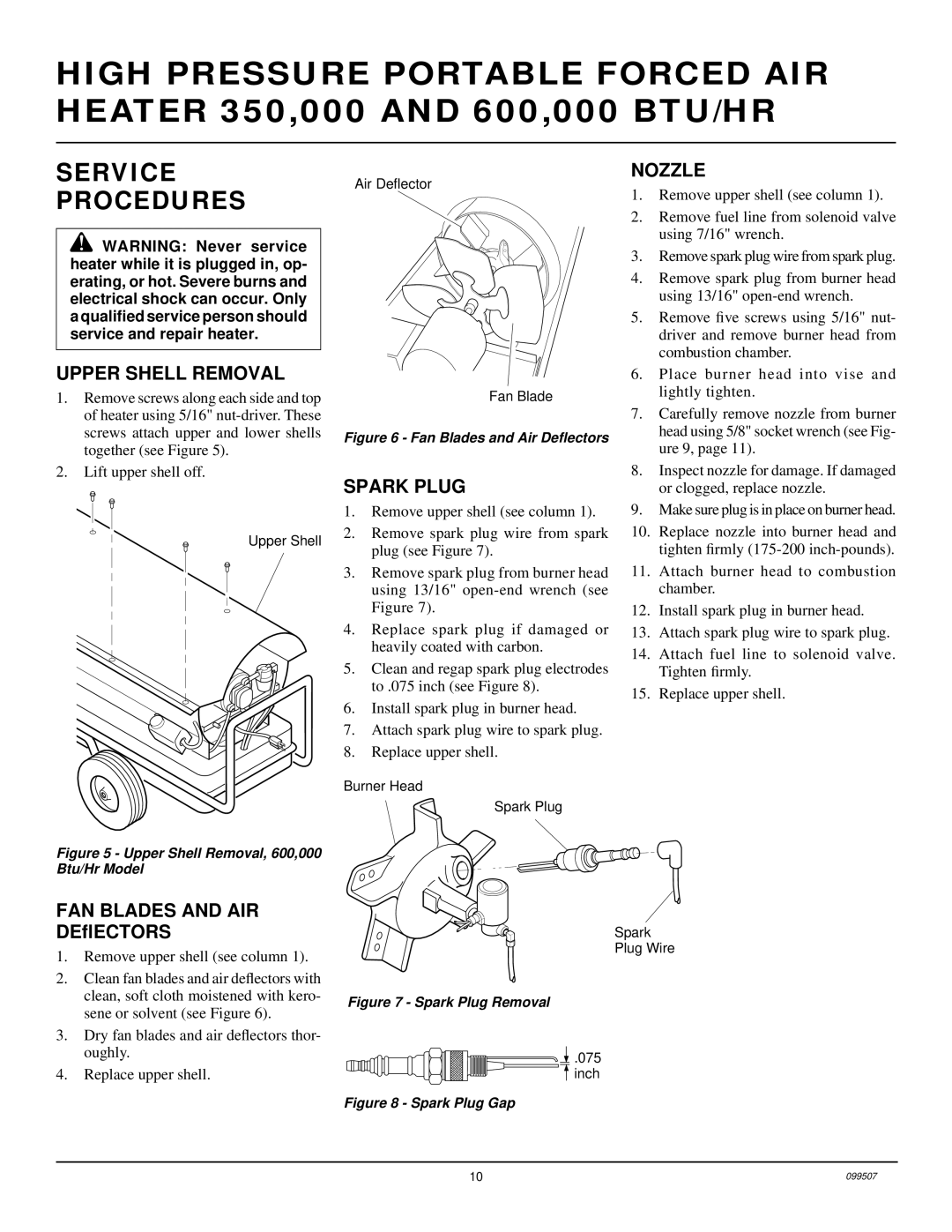 Desa B600D, B350D owner manual Service Procedures, Upper Shell Removal, Spark Plug, Nozzle 