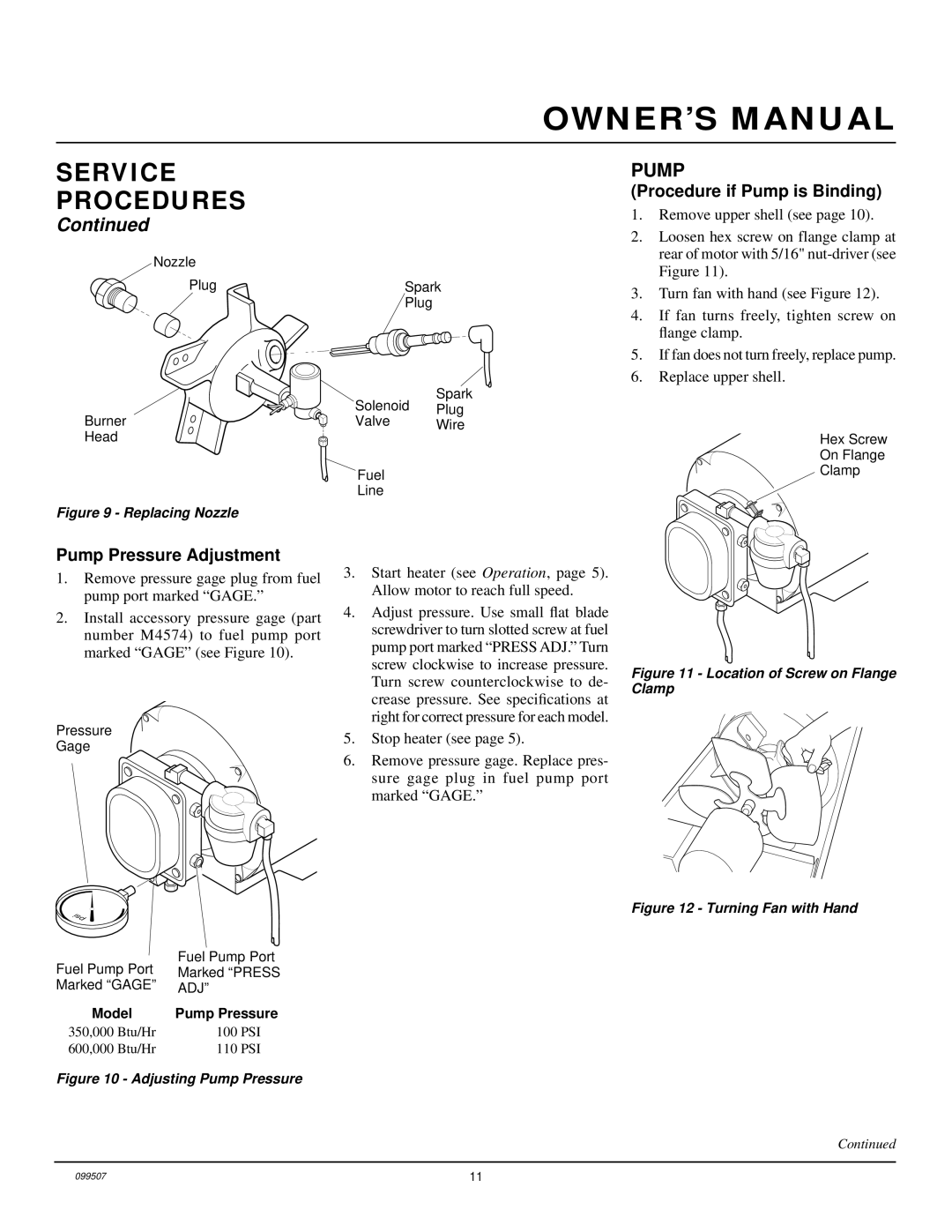 Desa B350D, B600D owner manual Pump Pressure Adjustment, Procedure if Pump is Binding 