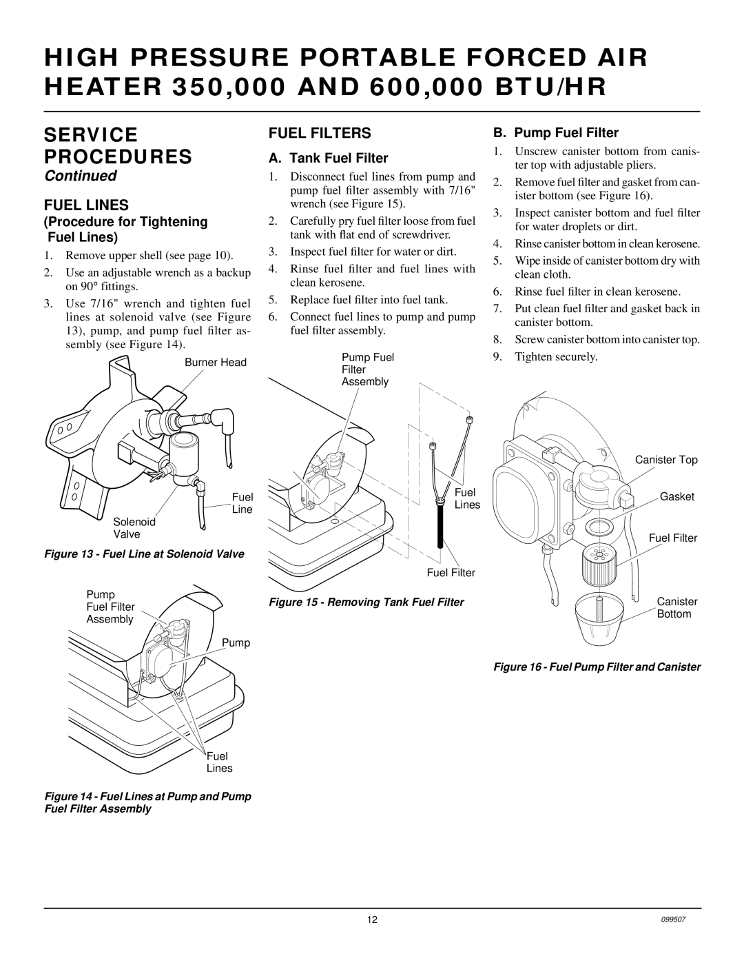 Desa B600D, B350D owner manual Fuel Filters, Procedure for Tightening Fuel Lines, Tank Fuel Filter, Pump Fuel Filter 