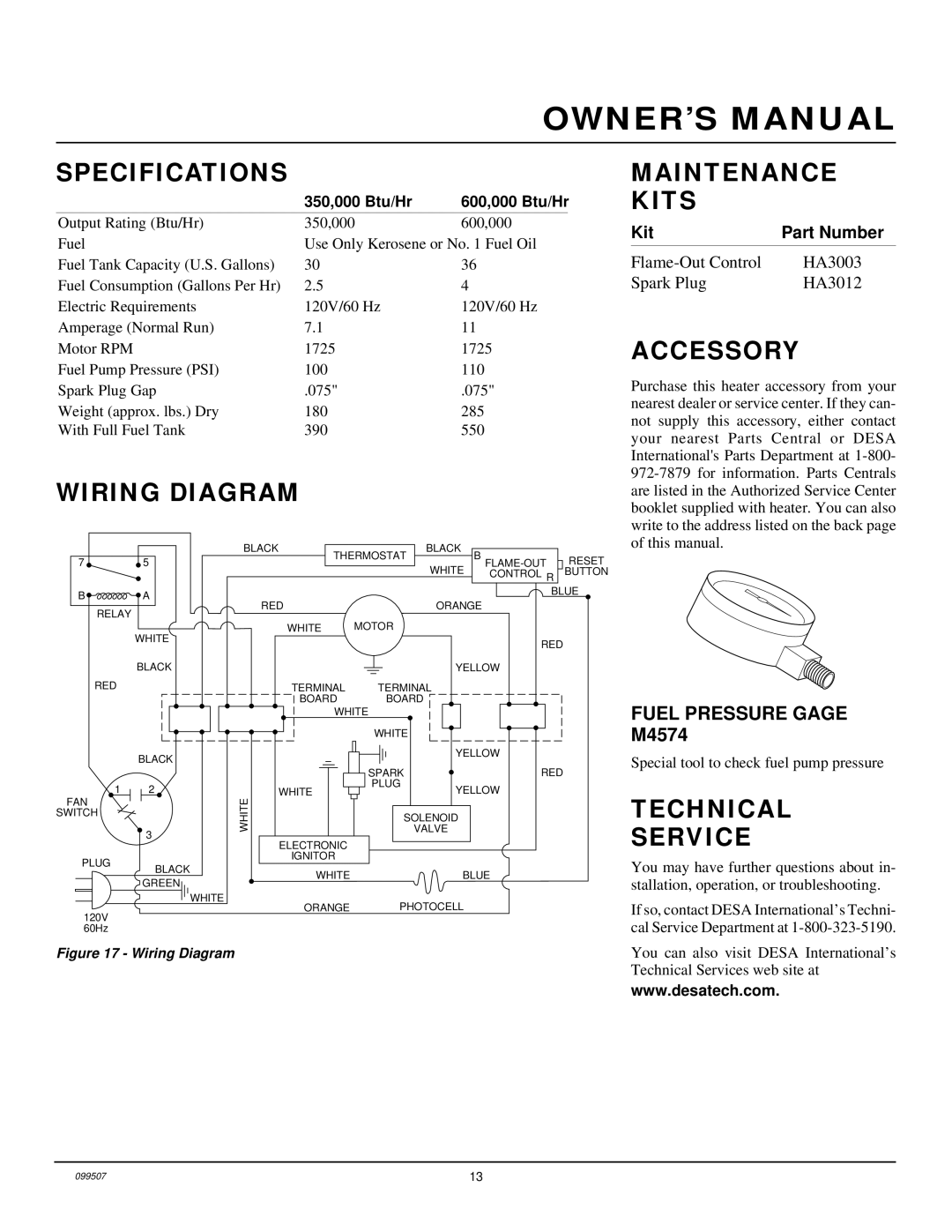 Desa B350D, B600D owner manual Specifications, Wiring Diagram, Maintenance Kits, Accessory, Technical Service 