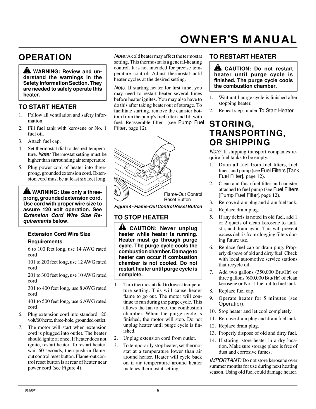 Desa B350D, B600D owner manual Storing TRANSPORTING, or Shipping, To Start Heater, To Stop Heater, To Restart Heater 