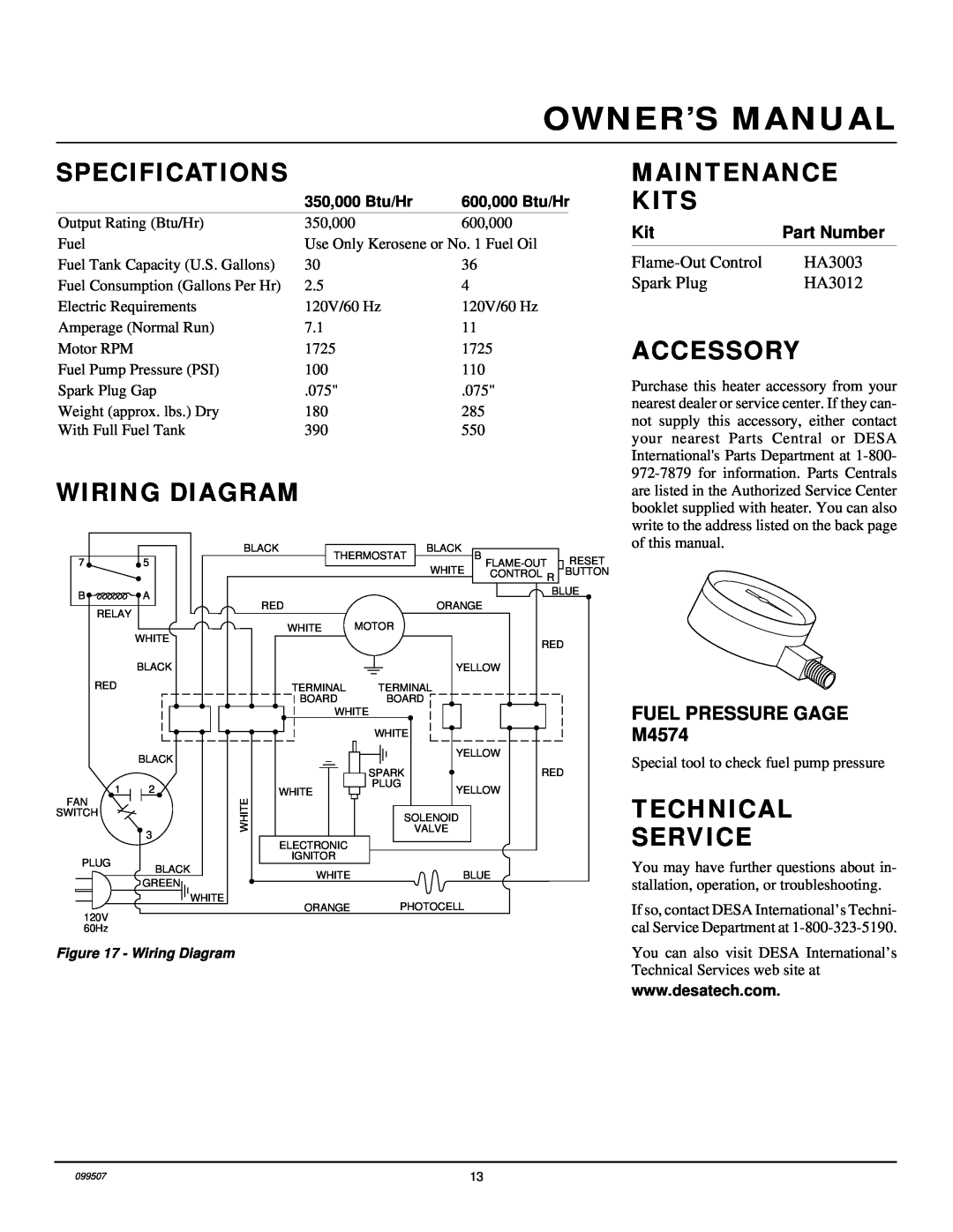 Desa B350D, B600D Specifications, Wiring Diagram, Maintenance Kits, Accessory, Technical Service, FUEL PRESSURE GAGE M4574 