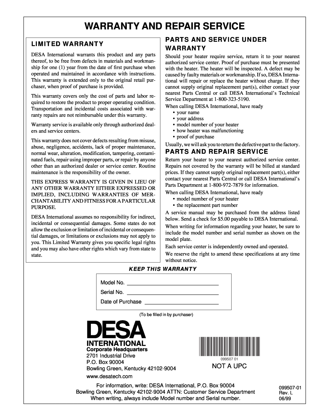 Desa B600D Limited Warranty, Parts And Service Under Warranty, Parts And Repair Service, Warranty And Repair Service 
