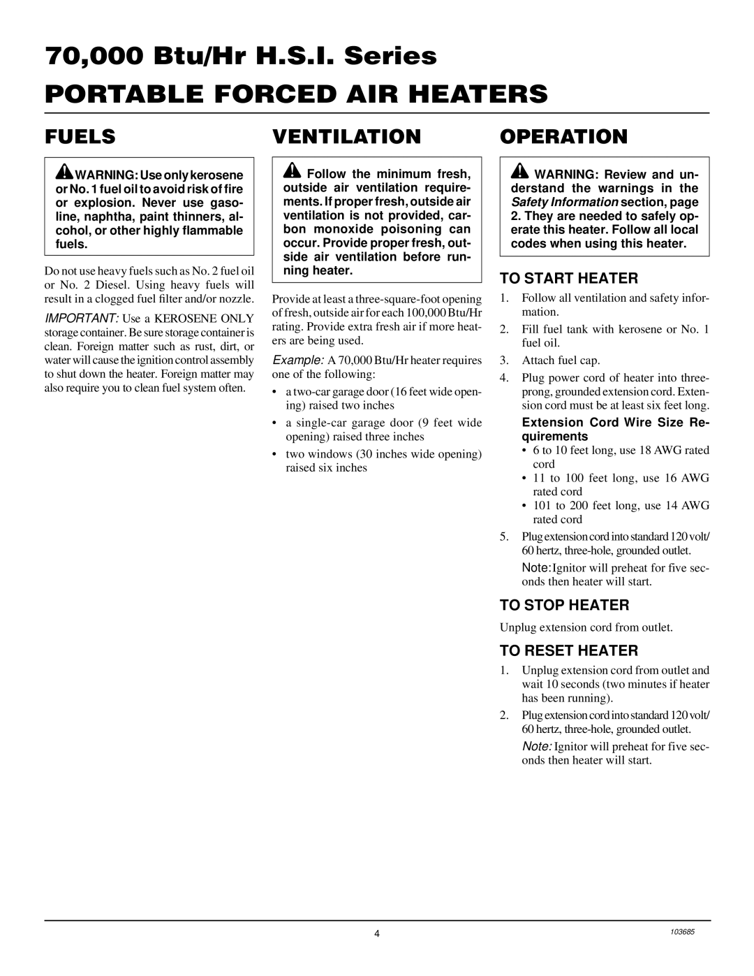 Desa B70D, R70D owner manual Fuels Ventilation Operation, To Start Heater, To Stop Heater, To Reset Heater 