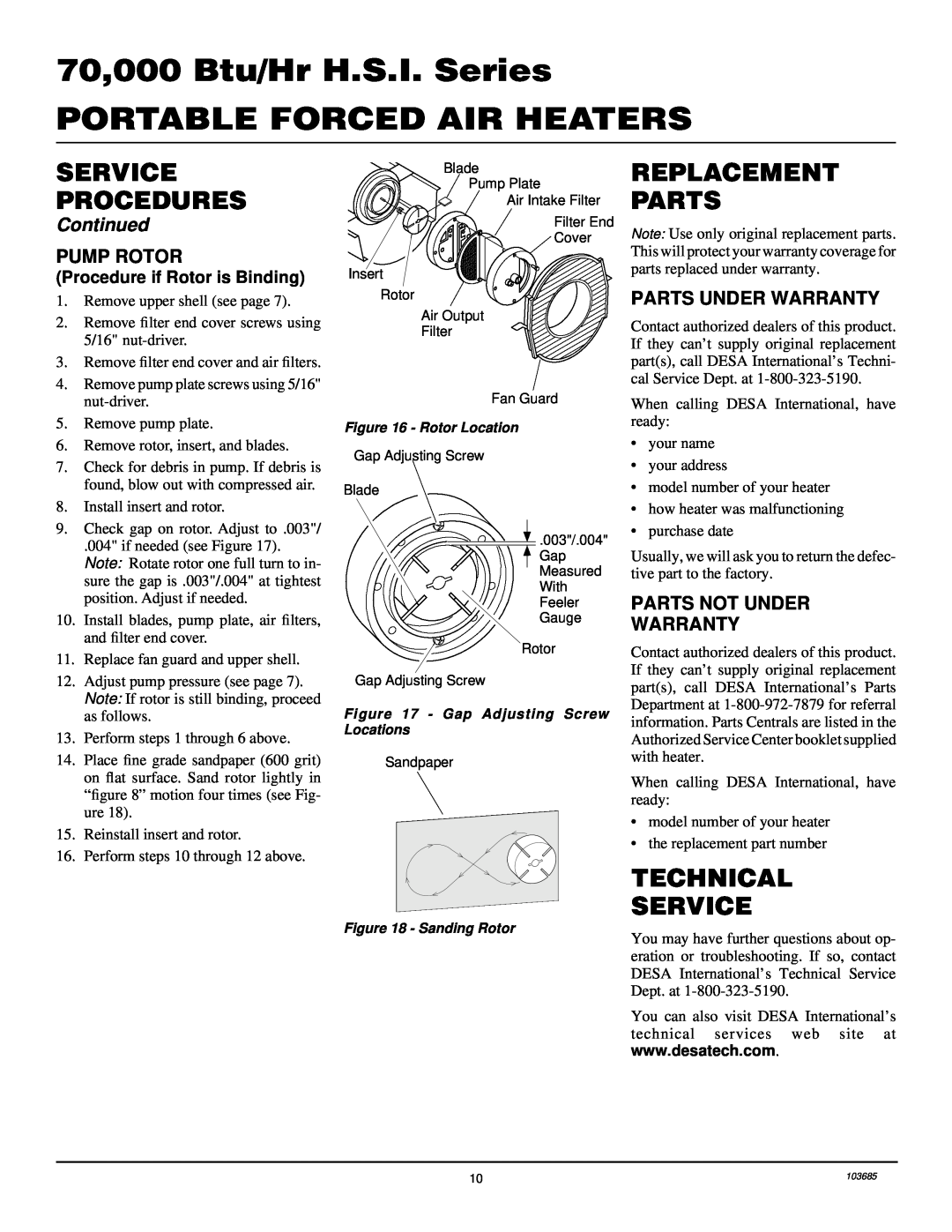 Desa B70D Replacement Parts, Technical Service, Pump Rotor, Parts Under Warranty, Parts Not Under Warranty, Continued 