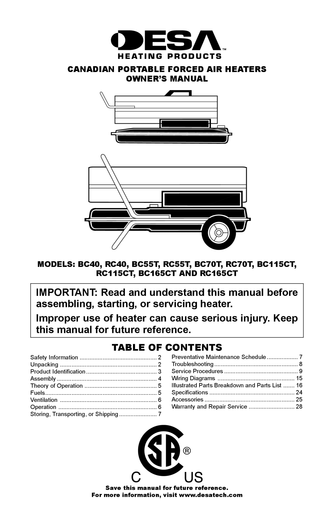 Desa BC165CT, BC40, BC115CT, BC70T, BC55T, RC55T, RC70T, RC165CT, RC115CT owner manual Table of Contents 