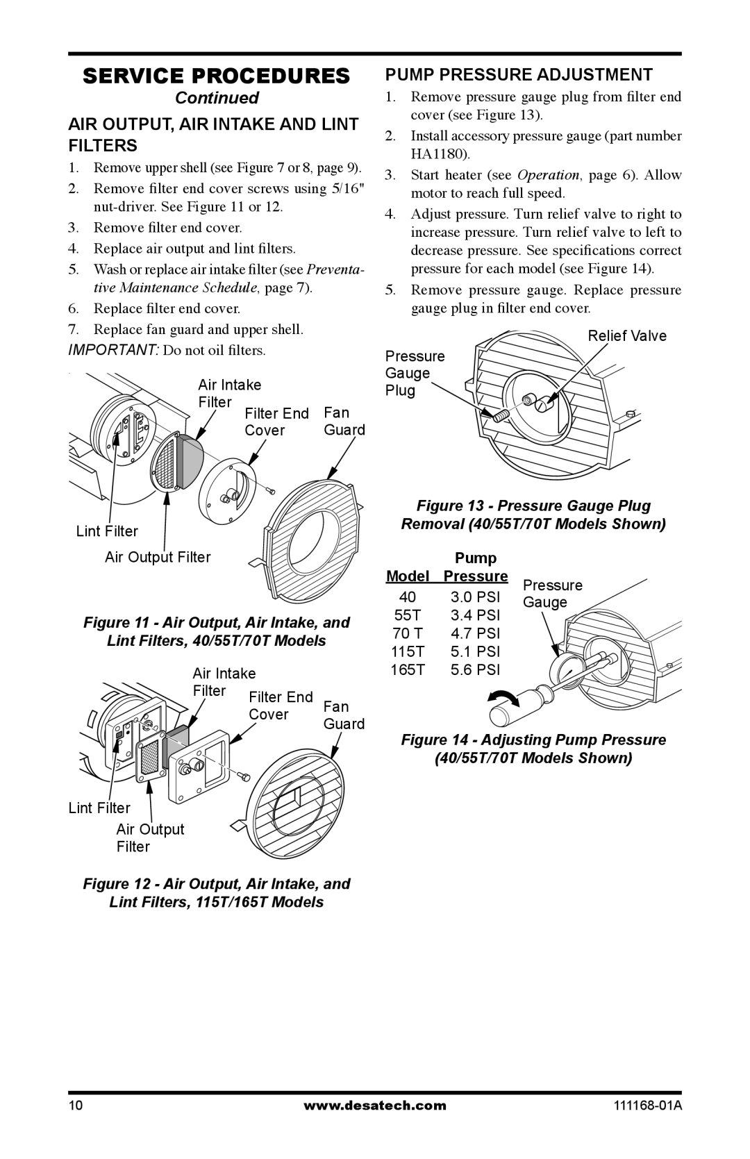 Desa BC165CT, BC40, BC115CT AIR OUTPUT, AIR Intake and Lint Filters, Pump Pressure Adjustment, Replace ﬁlter end cover 