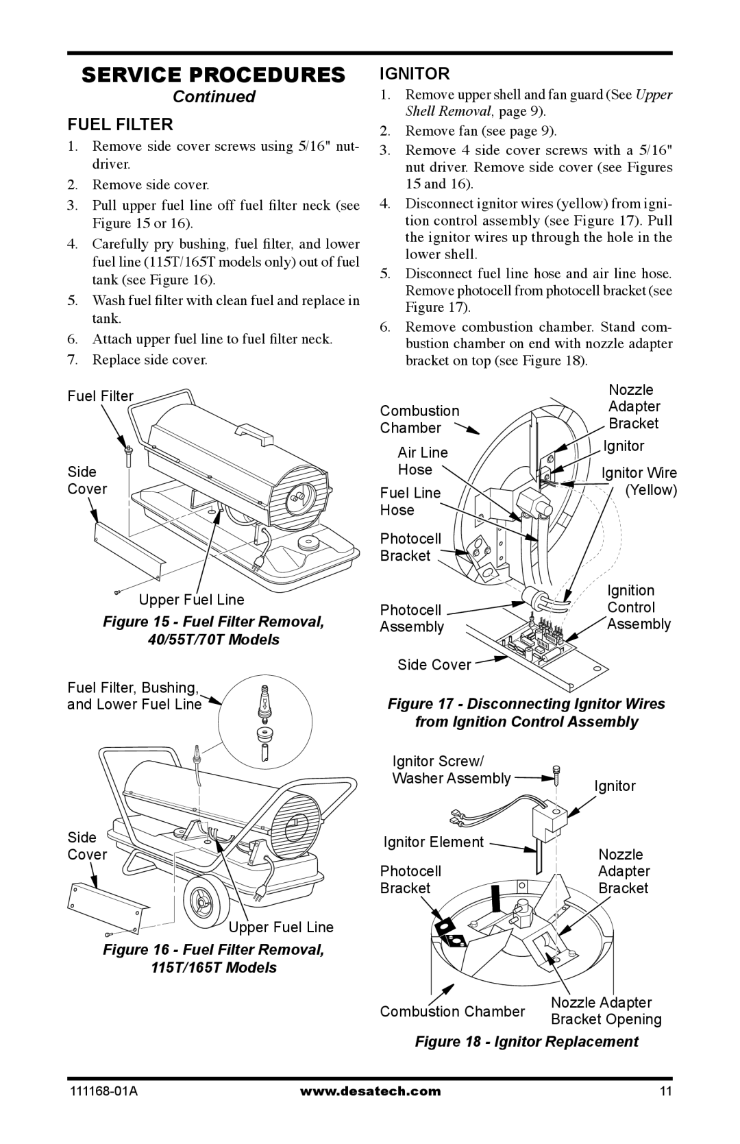 Desa BC115CT, BC40, BC165CT, BC70T, BC55T, RC55T, RC70T, RC165CT, RC115CT owner manual Fuel Filter, Ignitor 