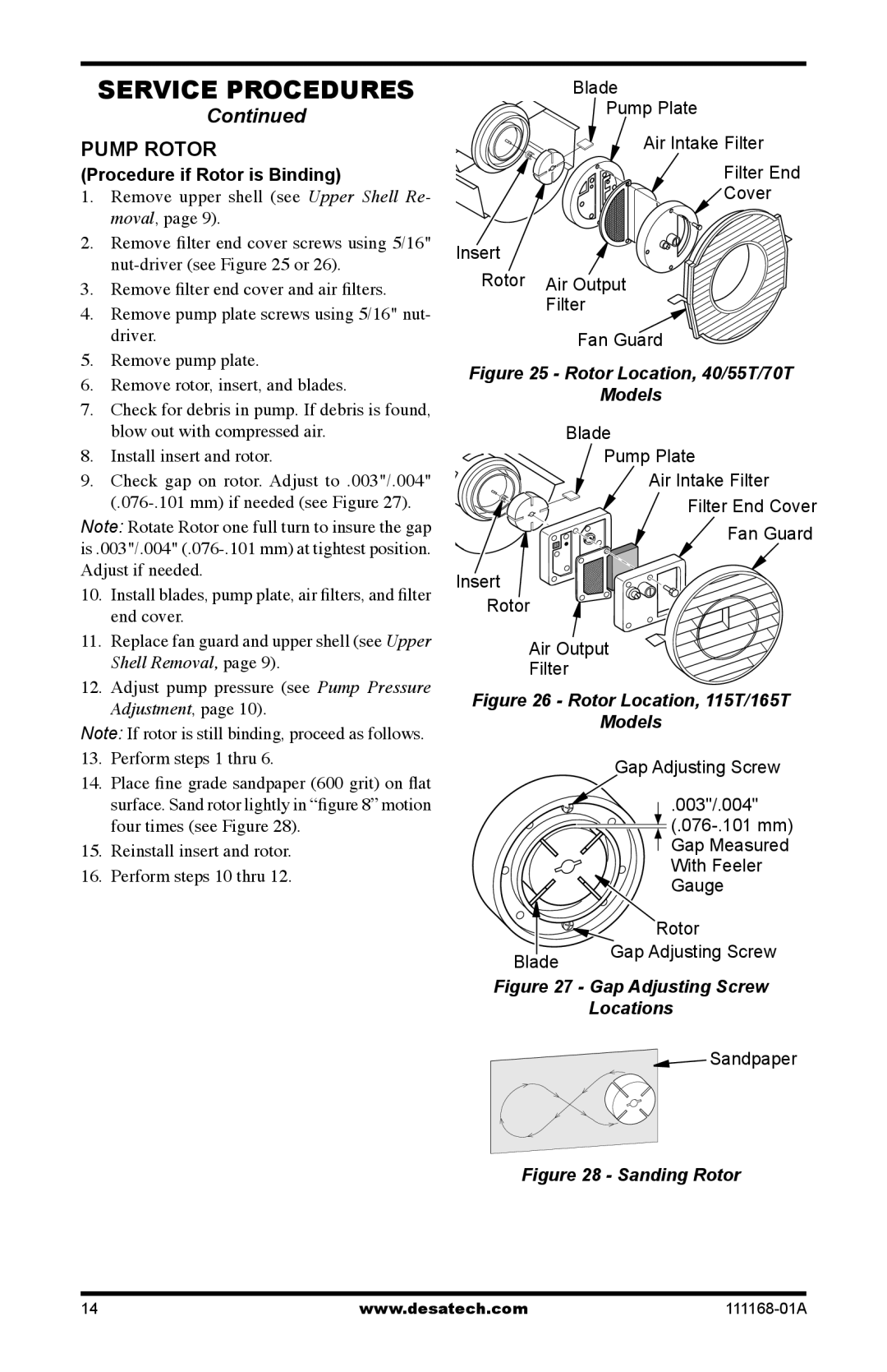 Desa RC55T, BC40, BC165CT, BC115CT, BC70T, BC55T, RC70T, RC165CT, RC115CT owner manual Pump Rotor, Procedure if Rotor is Binding 