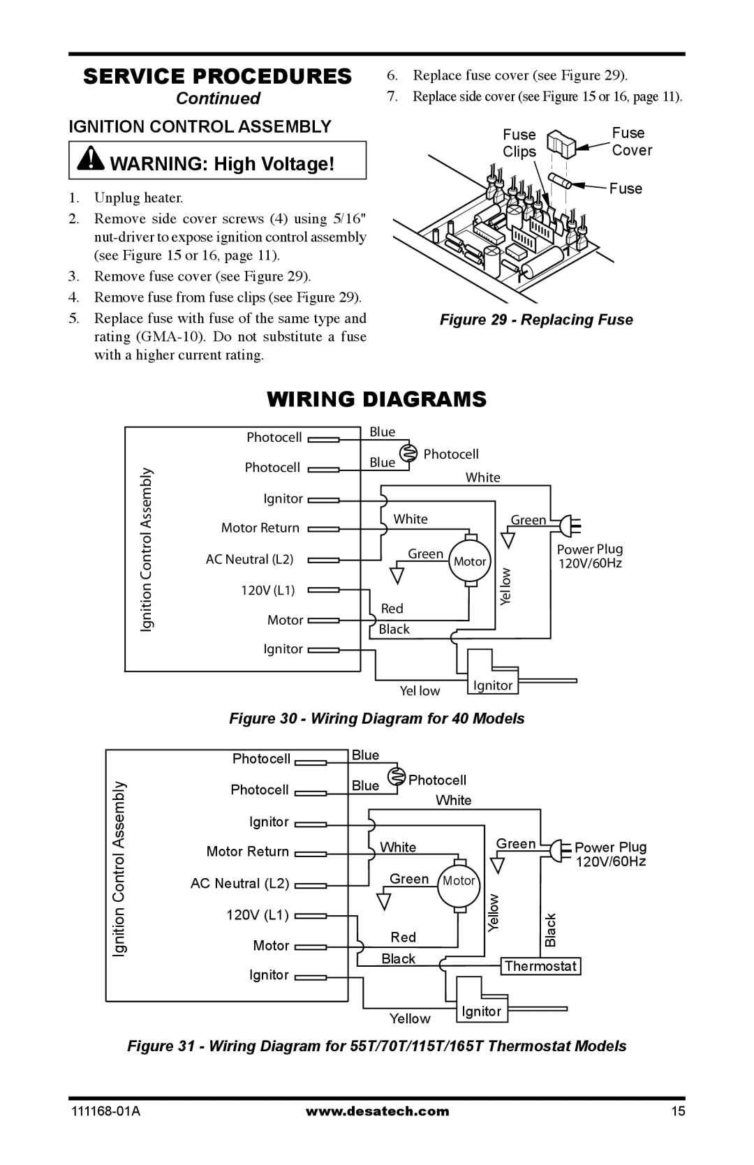 Desa RC70T, BC40, BC165CT, BC115CT, BC70T, BC55T, RC55T, RC165CT, RC115CT owner manual Wiring Diagrams, Ignition Control Assembly 