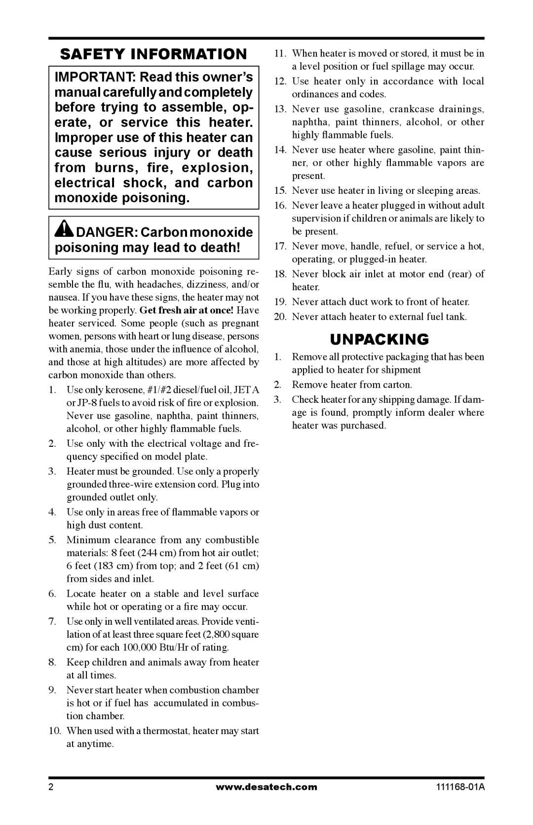 Desa BC115CT, BC40, BC165CT, BC70T, BC55T, RC55T, RC70T, RC165CT, RC115CT owner manual Safety Information, Unpacking 