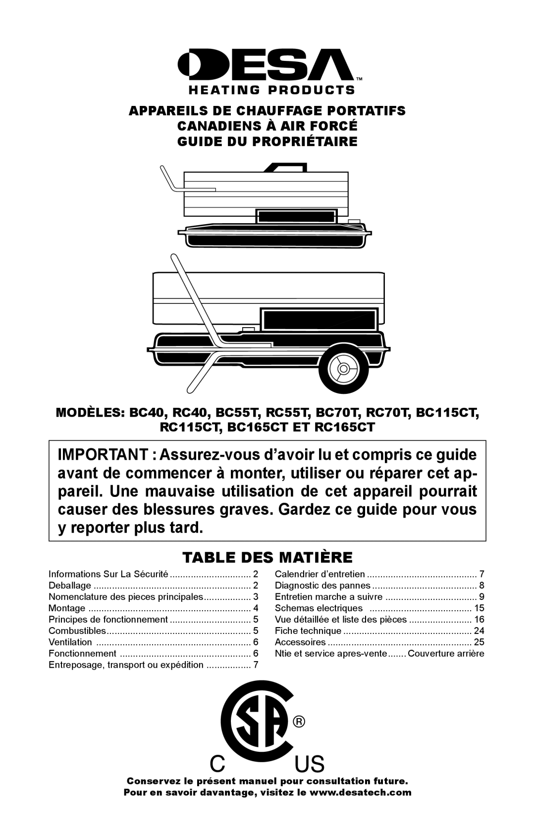 Desa BC40, BC115CT, BC70T, BC55T, RC55T, RC70T owner manual Table DES Matière, RC115CT, BC165CT ET RC165CT 