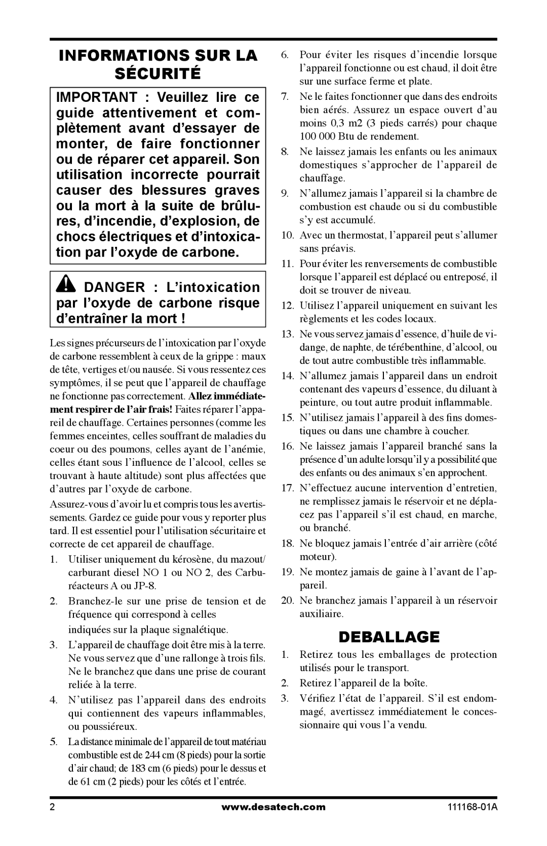 Desa BC165CT, BC40, BC115CT, BC70T, BC55T, RC55T, RC70T, RC165CT, RC115CT owner manual Informations SUR LA Sécurité, Deballage 