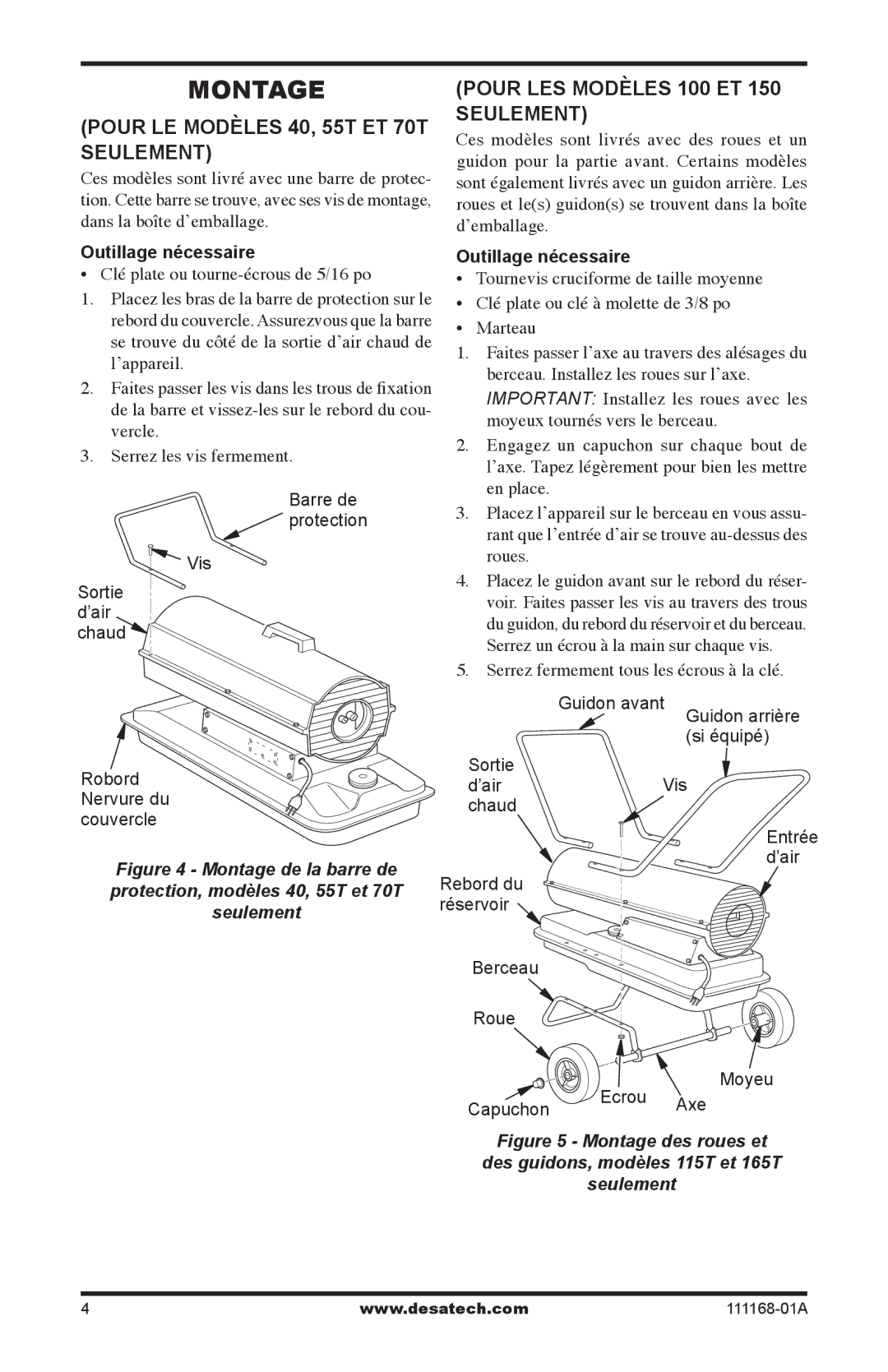 Desa BC70T, BC40, BC165CT, BC115CT Montage, Pour LE Modèles 40, 55T ET 70T Seulement, Pour LES Modèles 100 ET 150 Seulement 