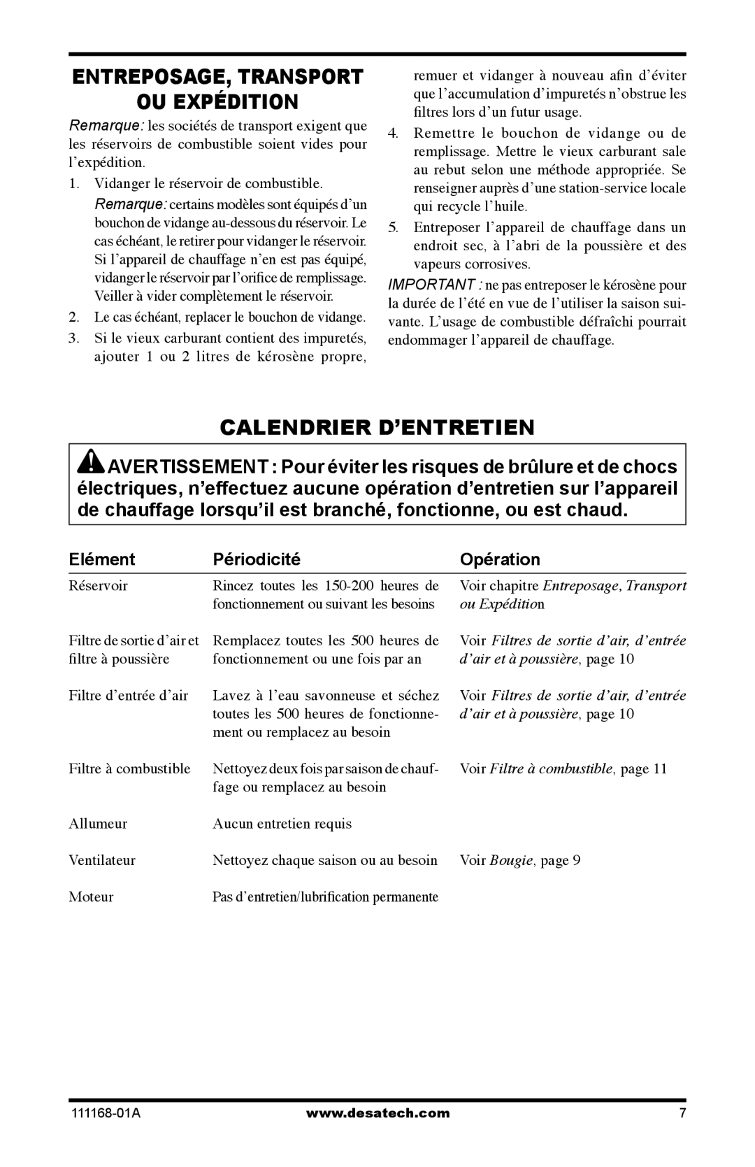 Desa RC70T, BC40, BC165CT, BC115CT, BC70T, BC55T, RC55T, RC165CT, RC115CT owner manual OU Expédition, Calendrier D’ENTRETIEN 