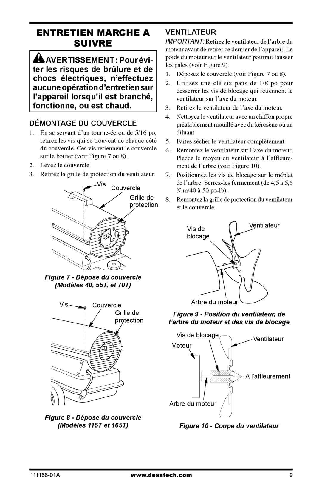 Desa RC115CT, BC40, BC165CT, BC115CT, BC70T, BC55T, RC55T, RC70T Entretien Marche a Suivre, Démontage DU Couvercle, Ventilateur 