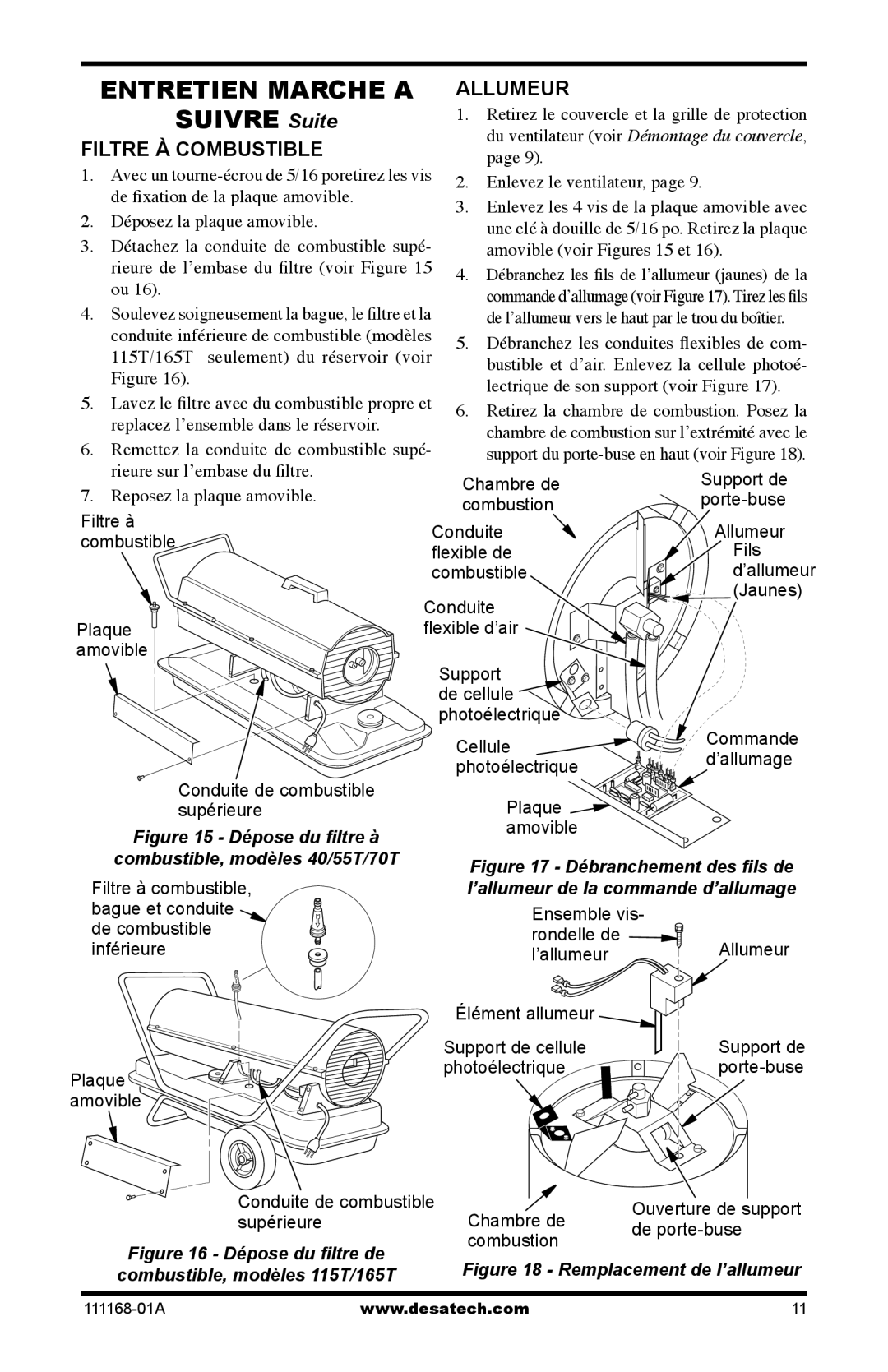 Desa BC165CT, BC40, BC115CT, BC70T, BC55T, RC55T, RC70T, RC165CT Allumeur, Dépose du ﬁltre à combustible, modèles 40/55T/70T 