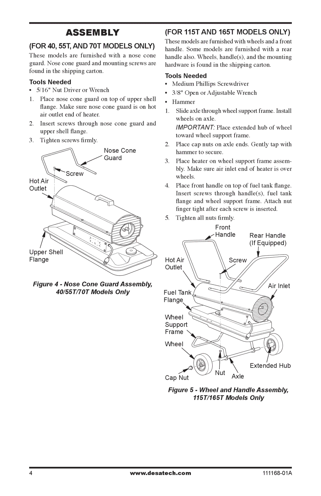 Desa BC55T, BC40, BC165CT Assembly, For 40, 55T, and 70T Models only, For 115T and 165T Models only, Tighten all nuts ﬁrmly 