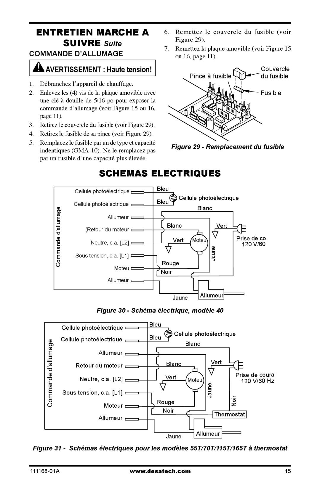 Desa RC55T, BC40, BC165CT, BC115CT, BC70T, BC55T, RC70T, RC165CT, RC115CT owner manual Schemas Electriques, Commande D’ALLUMAGE 