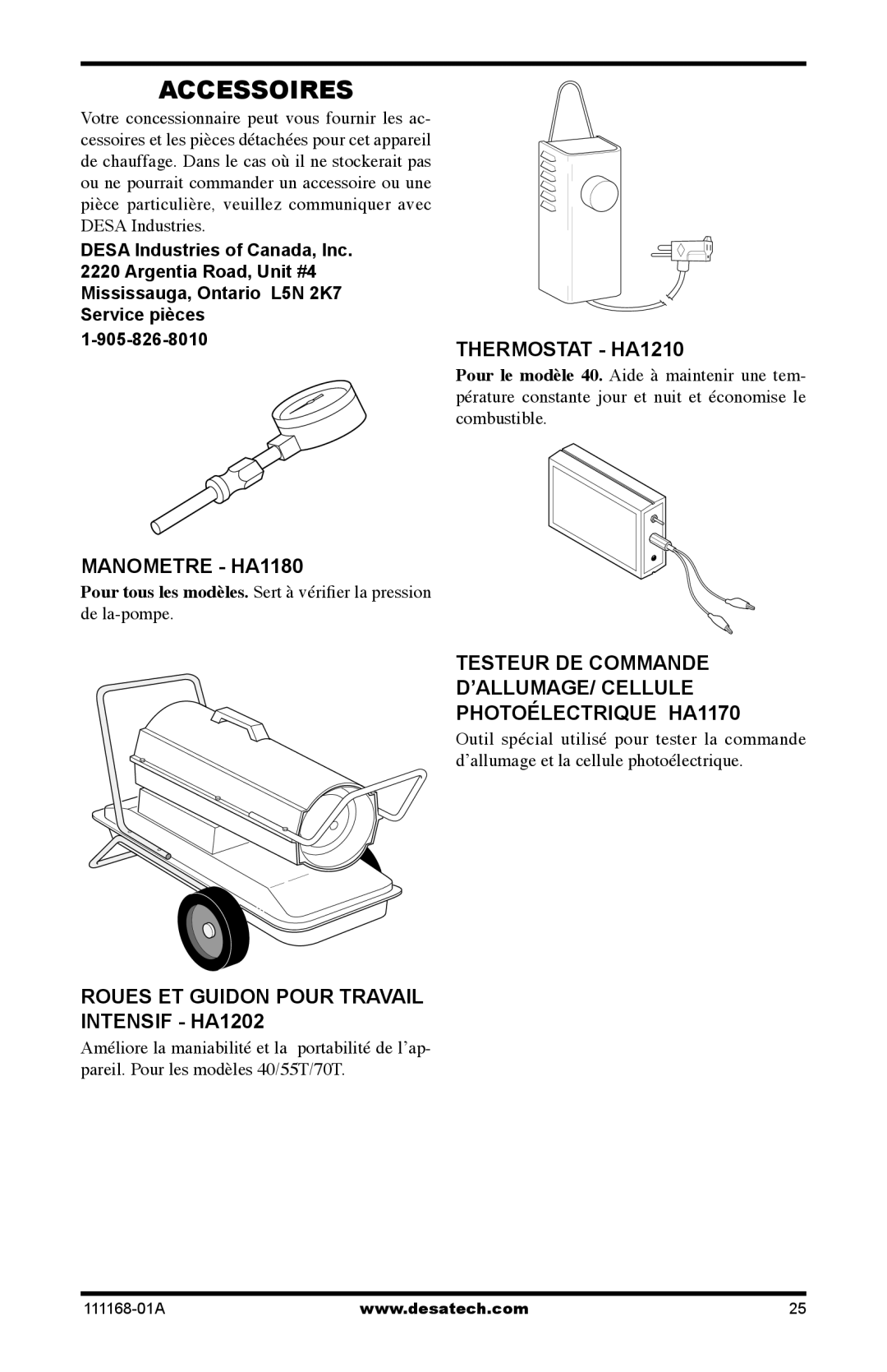 Desa RC70T, BC40, BC165CT Accessoires, Manometre HA1180, Roues ET Guidon Pour Travail Intensif HA1202, Thermostat HA1210 