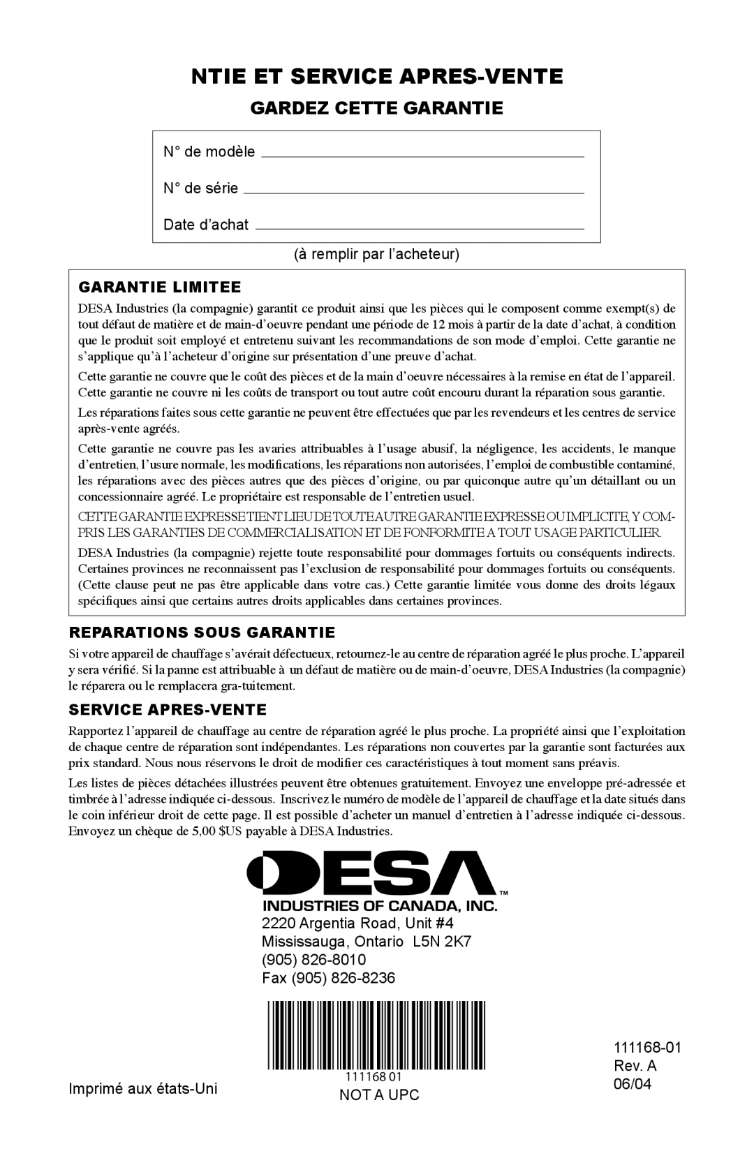 Desa RC165CT, BC40, BC165CT, BC115CT, BC70T, BC55T, RC55T, RC70T, RC115CT Ntie ET Service APRES-VENTE, Gardez Cette Garantie 