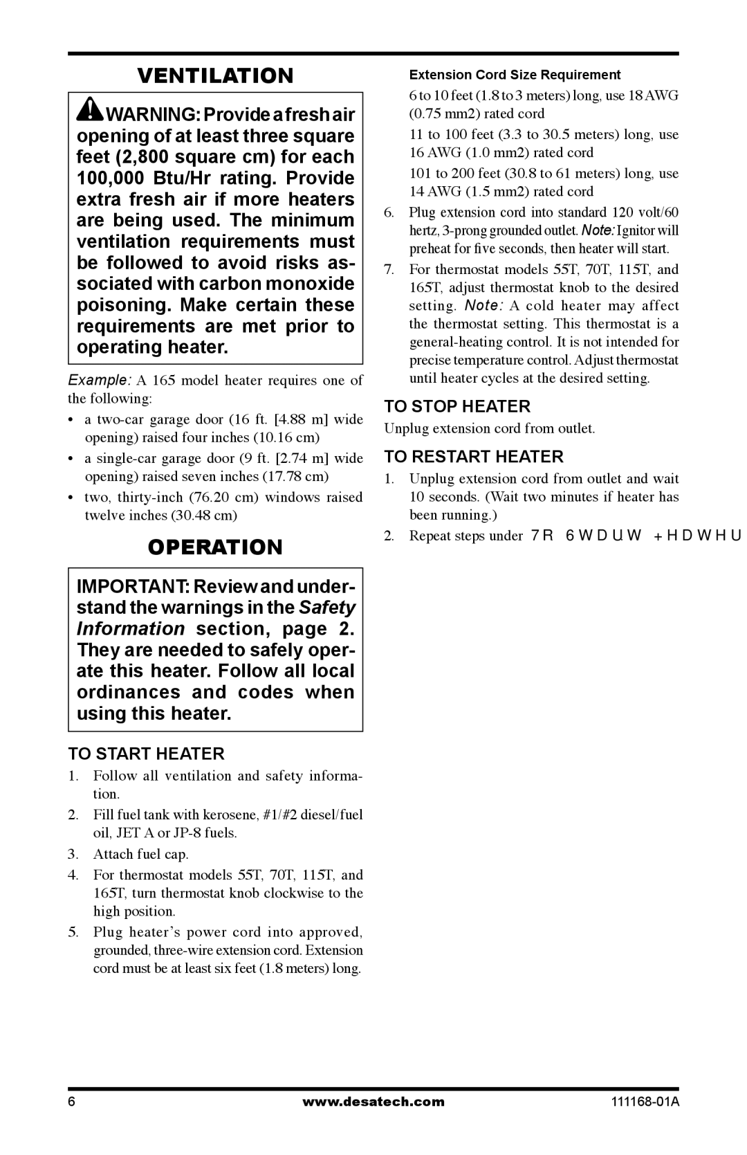 Desa RC70T, BC40, BC165CT, BC115CT, BC70T, BC55T Ventilation, Operation, To Start Heater, To Stop Heater, To Restart Heater 