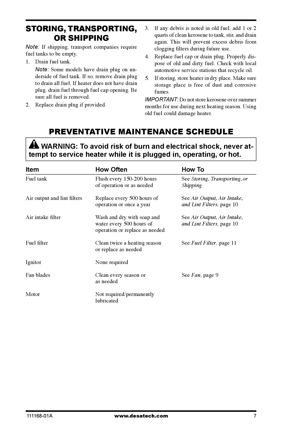 Desa RC165CT, BC40, BC165CT, BC115CT, BC70T, BC55T, RC55T, RC70T, RC115CT Or Shipping, Preventative Maintenance Schedule 