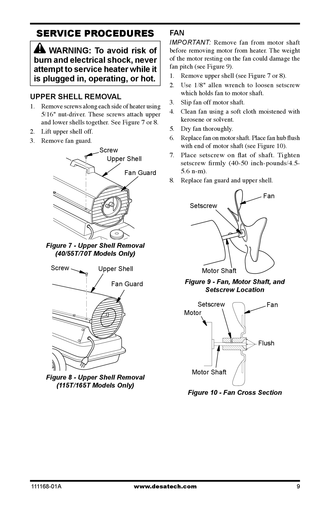 Desa BC40, BC165CT, BC115CT, BC70T, BC55T Service Procedures, Upper Shell Removal, Fan, Lift upper shell off Remove fan guard 