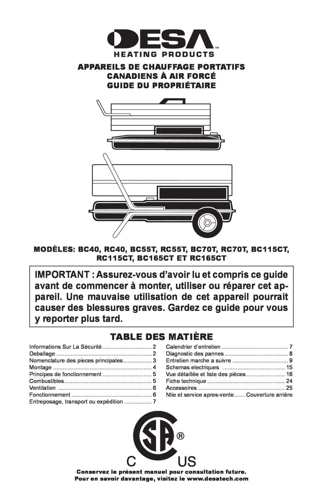 Desa BC40, BC165CT, BC70T Table Des Matière, Appareils De Chauffage Portatifs, Canadiens À Air Forcé Guide Du Propriétaire 