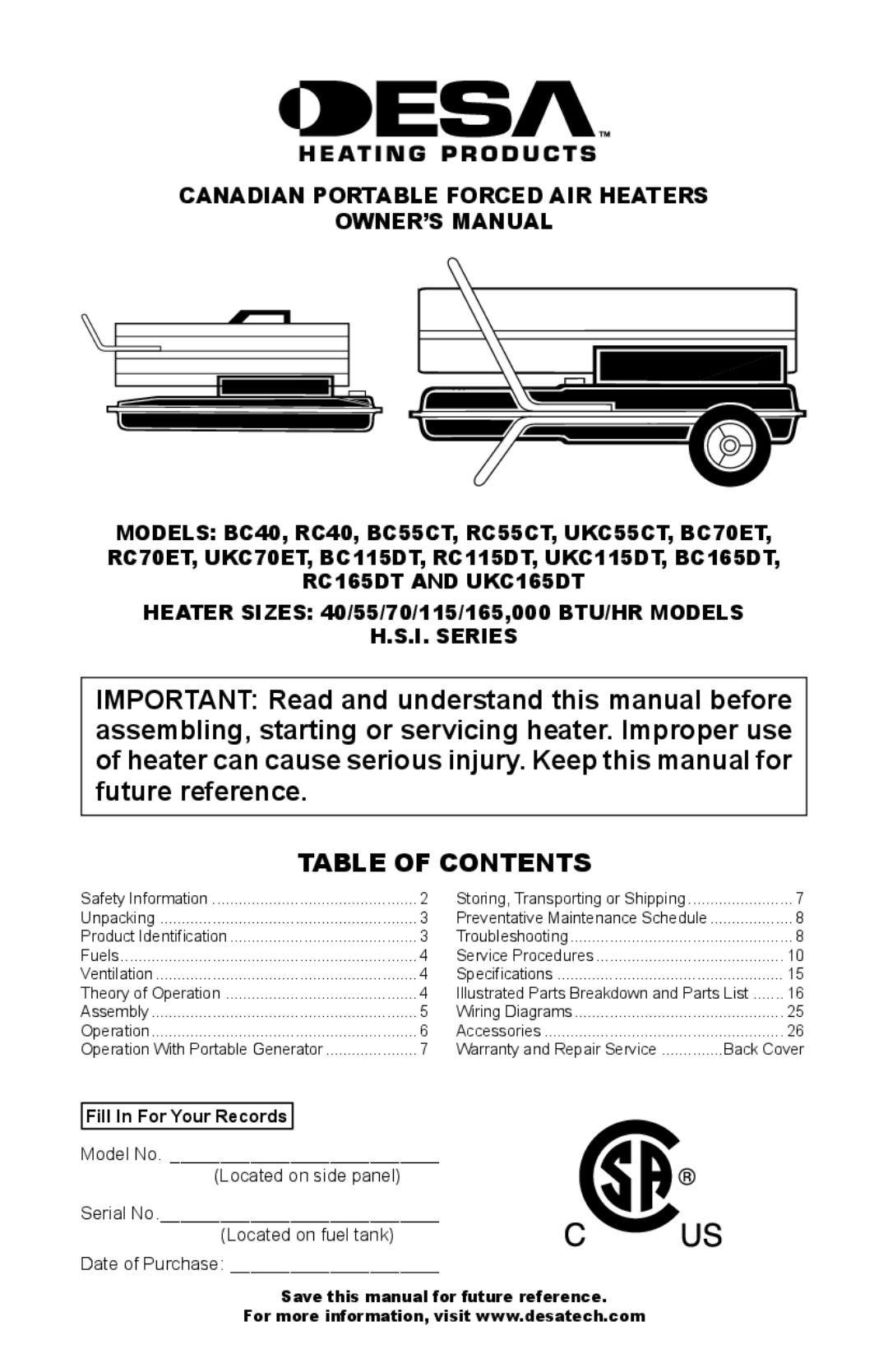 Desa BC115DT, BC55CT, BC165DT, UKC115DT, UKC70ET, UKC55CT, UKC165DT, BC70ET, RC115DT, RC165DT, RC40 owner manual Table of Contents 