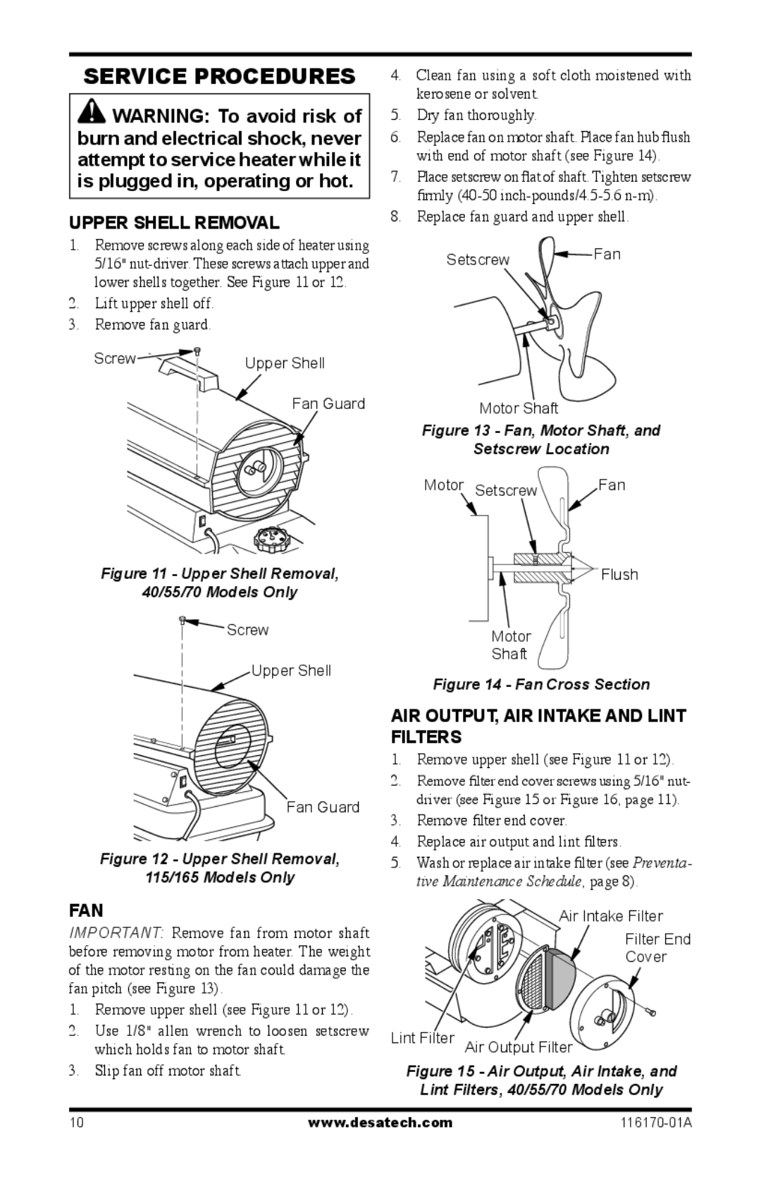 Desa RC40, BC55CT, BC115DT, BC165DT Service Procedures, Upper Shell Removal, Fan, AIR OUTPUT, AIR Intake and Lint, Filters 